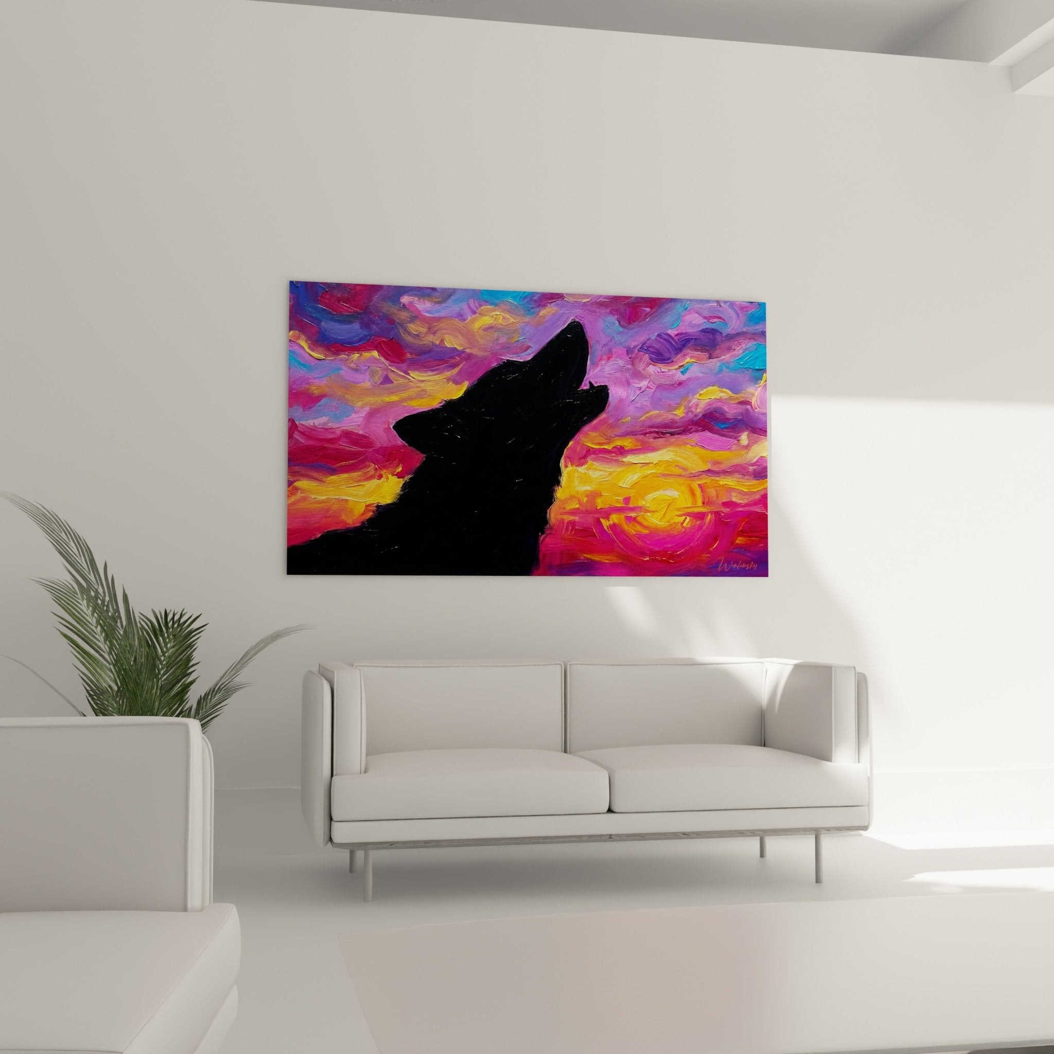 Detail Husky Gemälde schwarzer Himmel mehrfarbig violett rosa orange ausdrucksstarke Pinselstriche