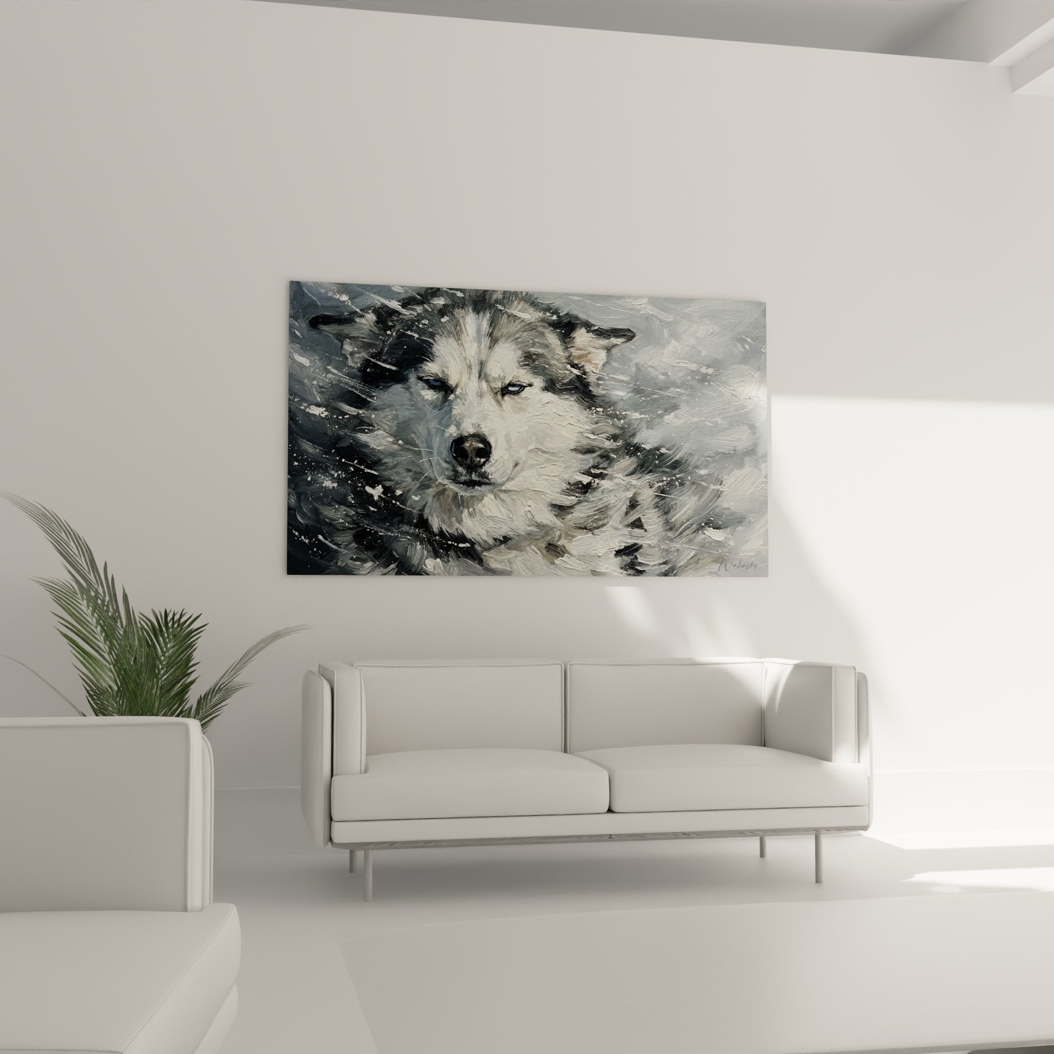 Détail peinture husky sibérien regard perçant coups de pinceau tourbillonnants texture riche