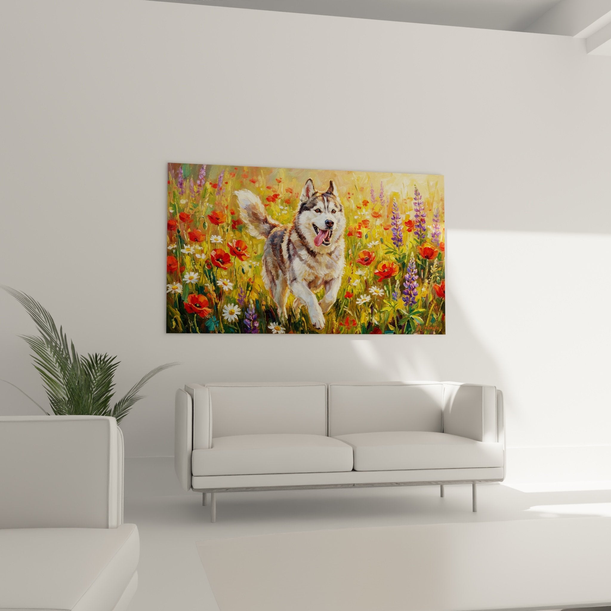 Détail peinture husky sibérien langue pendante, pelage brun blanc, technique impressionniste touches expressives