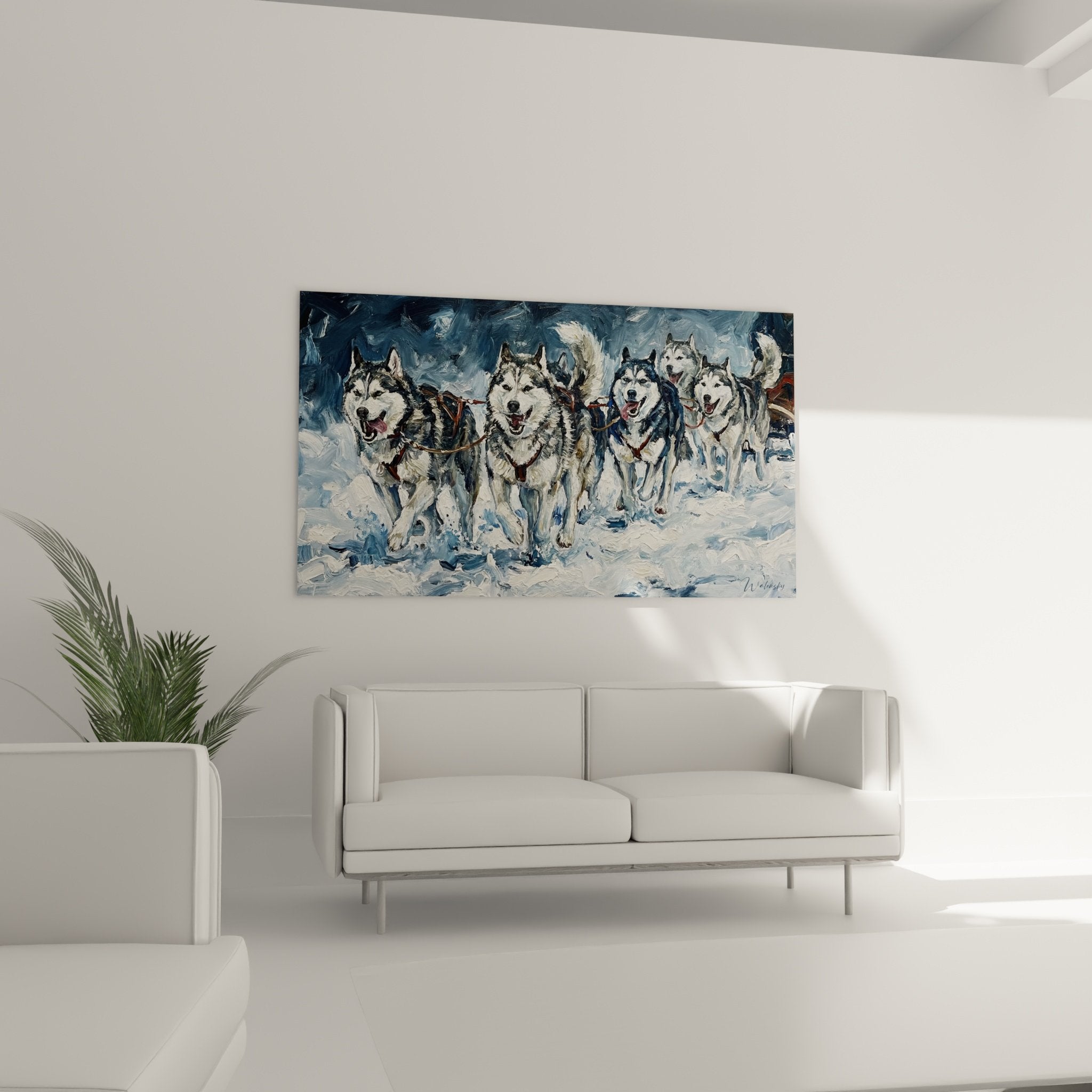 Détail peinture husky sibérien chiens traîneau texture empâtement coups pinceau expressifs neige