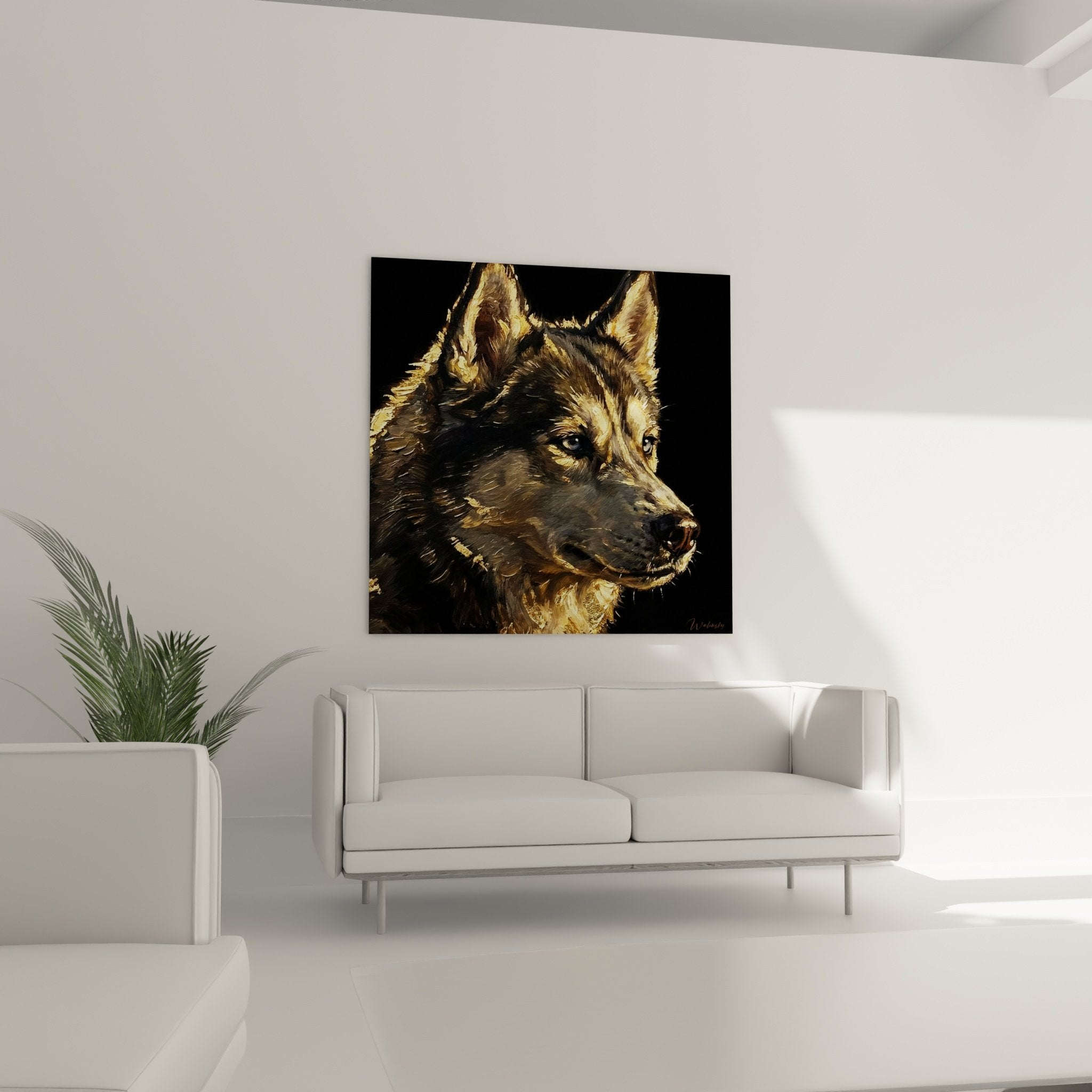 Close-up detail of Husky painting showing fawn coat texture and intensity of piercing blue gaze