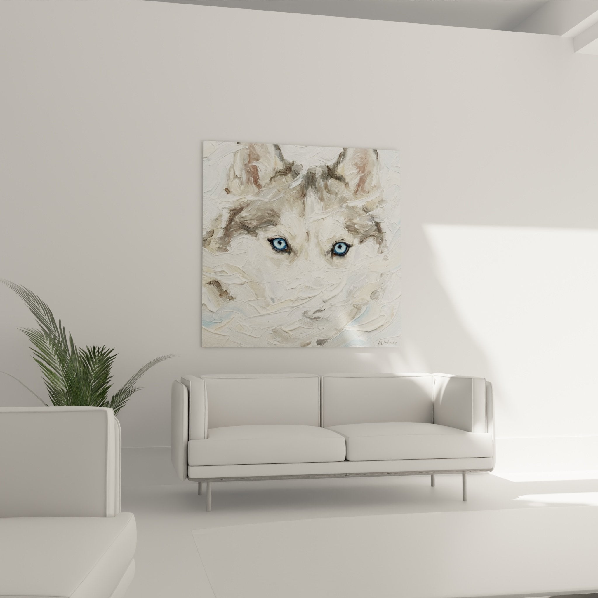 Dettaglio dipinto husky occhi blu cristallino tecnica impasto texture spessa pennellate visibili toni bianchi