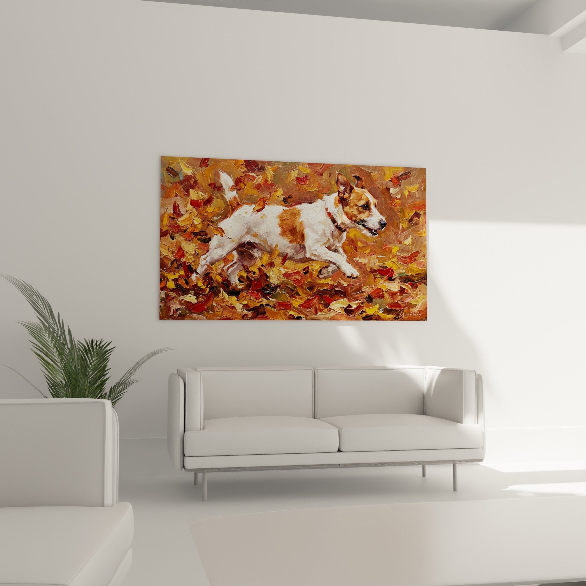 Detail peinture Jack Russel Terrier technique impressionniste coups pinceau feuilles automnales ocre