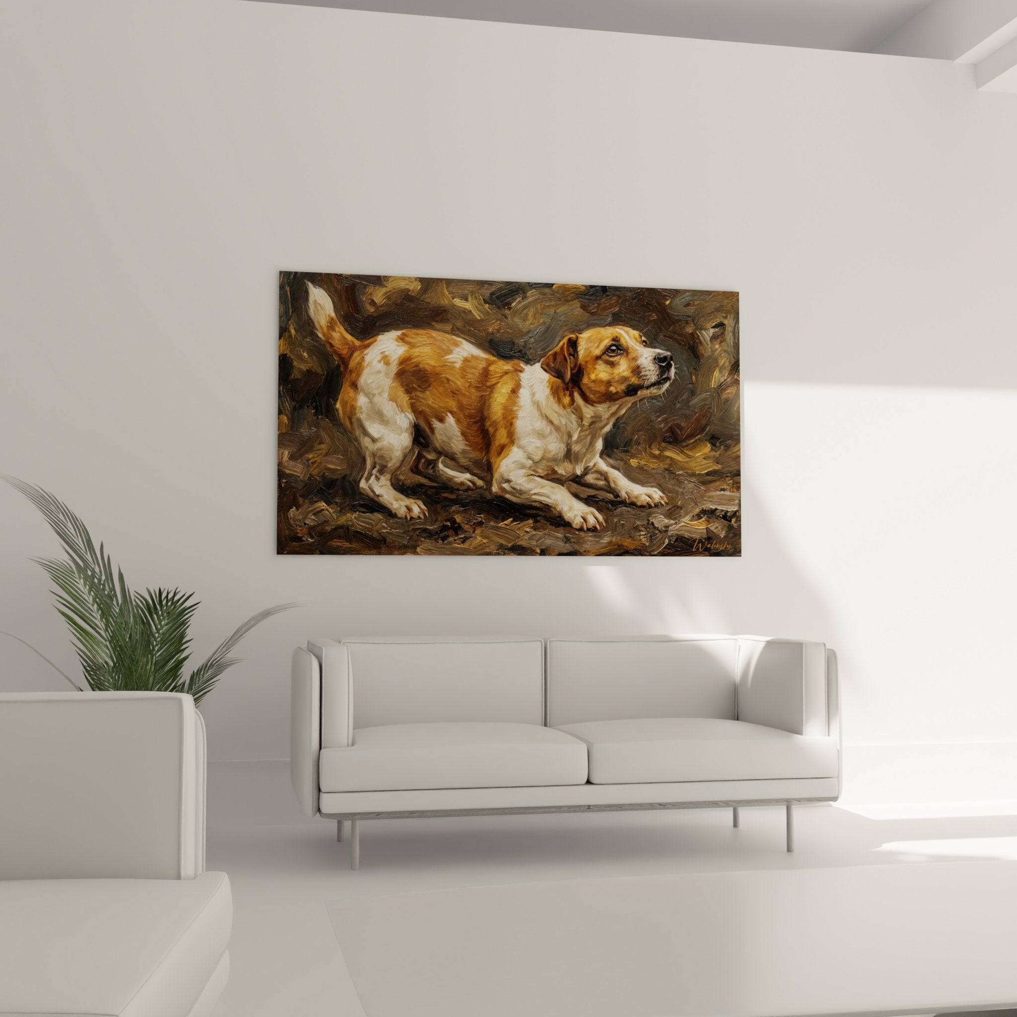 Détail peinture Jack Russel Terrier, technique empâtements, pelage ocre doré et blanc, regard expressif