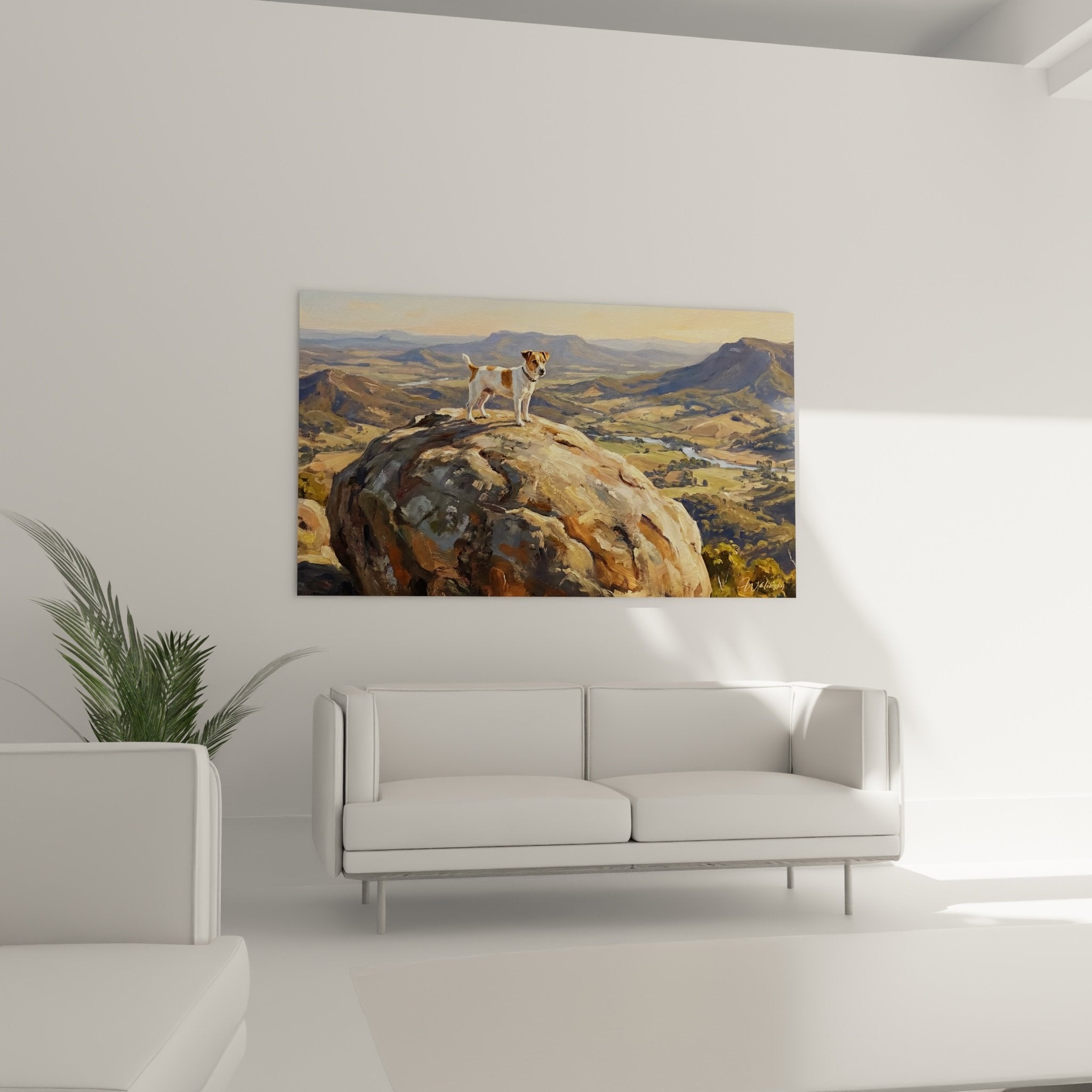 Detailansicht Gemälde Jack Russell Terrier auf Felsen mit strukturierter Impasto-Technik in warmen Orange-Tönen