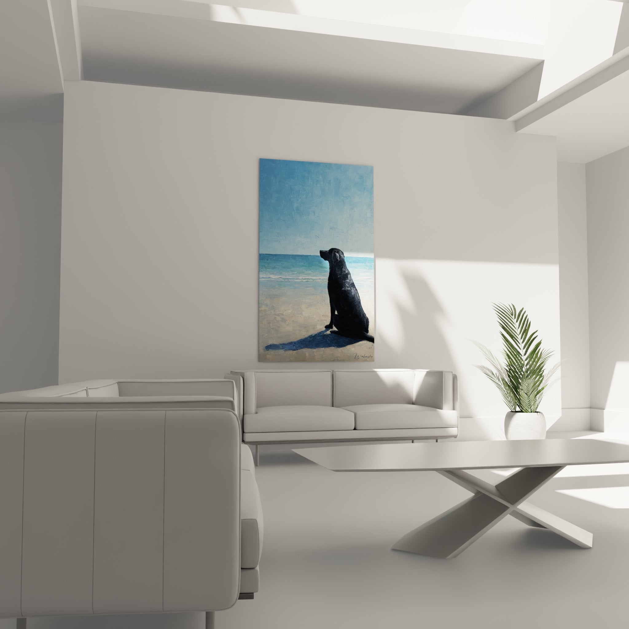 Dettaglio dipinto labrador nero mantello lucido postura contemplativa di fronte al mare blu