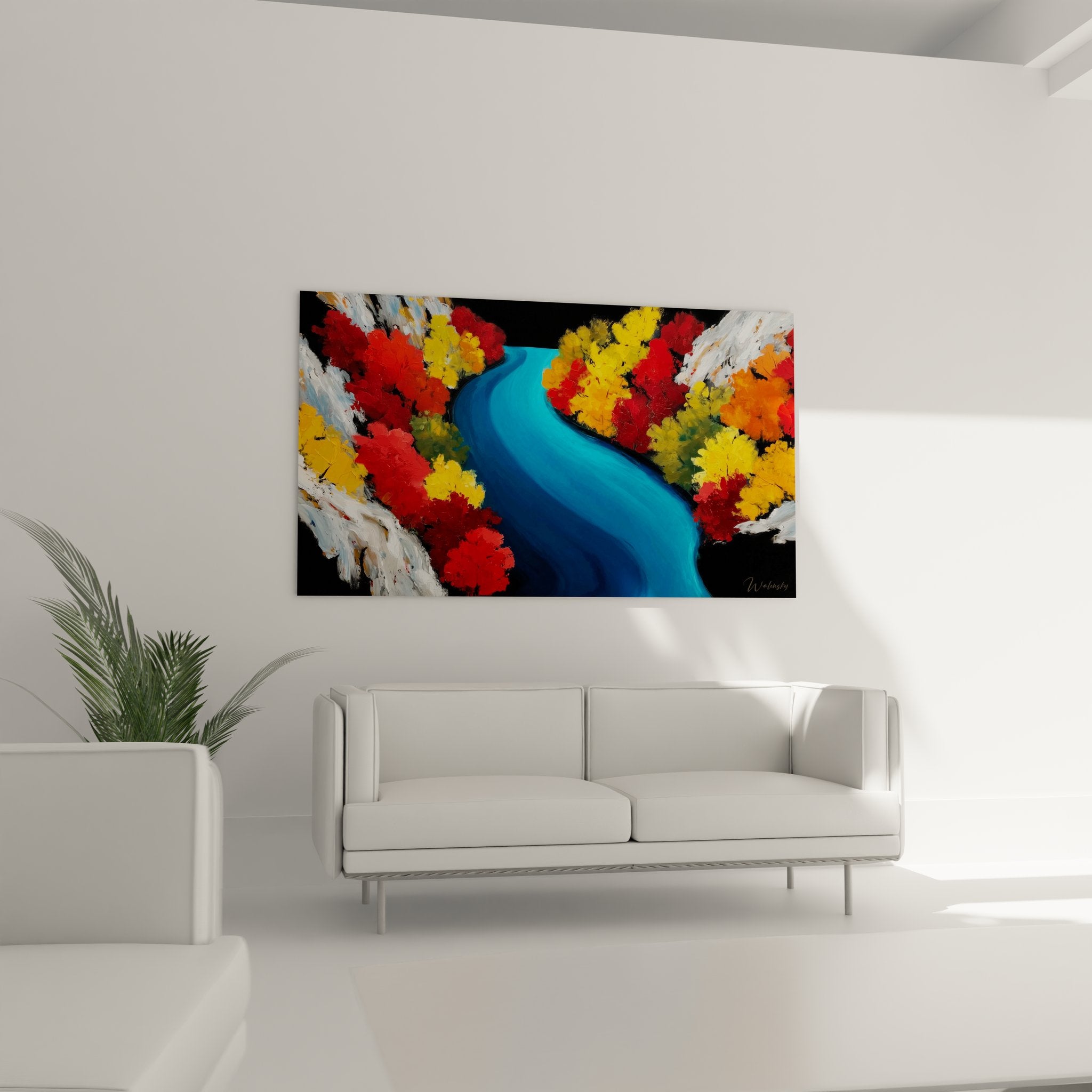 Détail gros plan tableau peinture lac automnal texture couleurs vives rouge orange bleu expressif