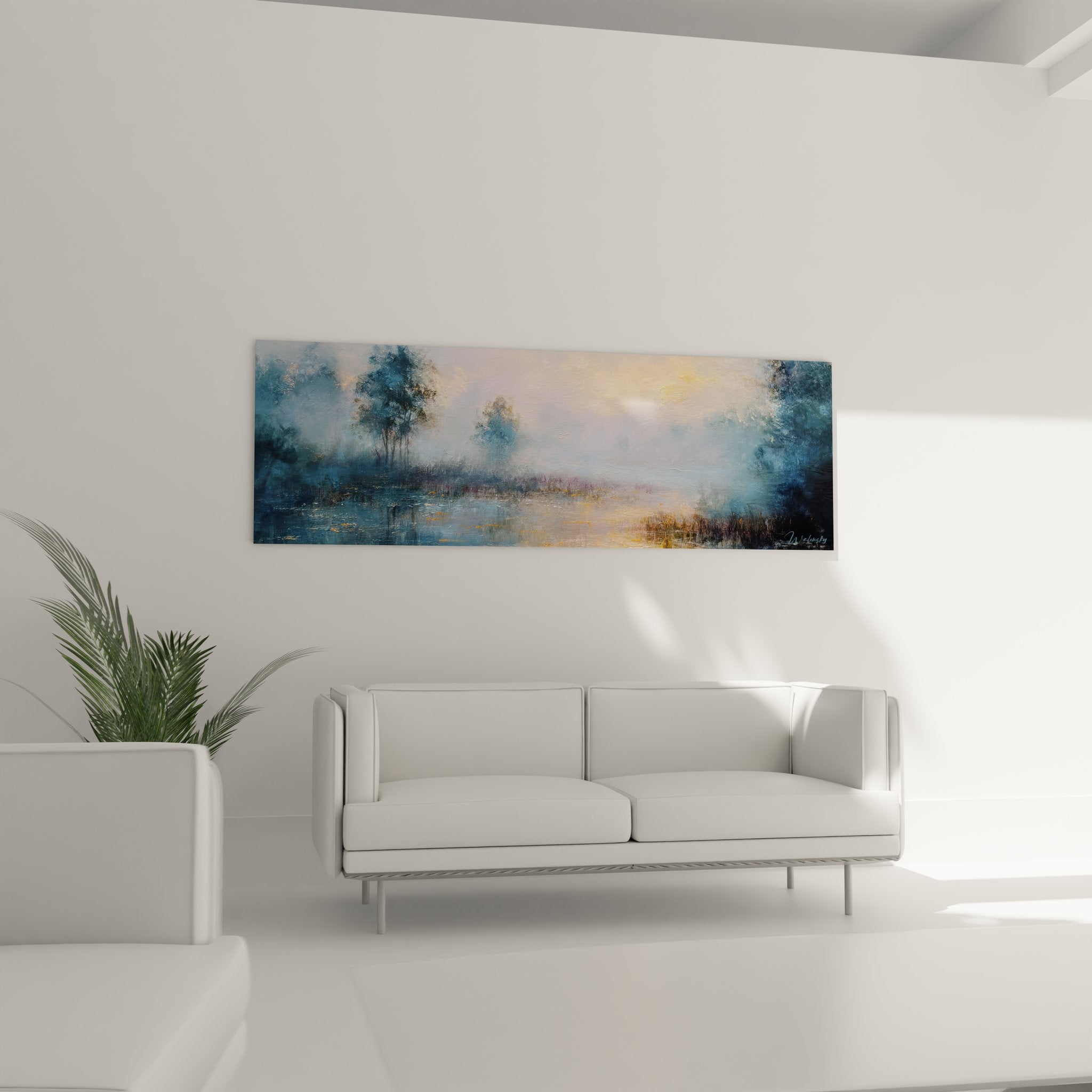 Détail texture peinture lac impressionniste montrant les nuances de couleurs poudrées