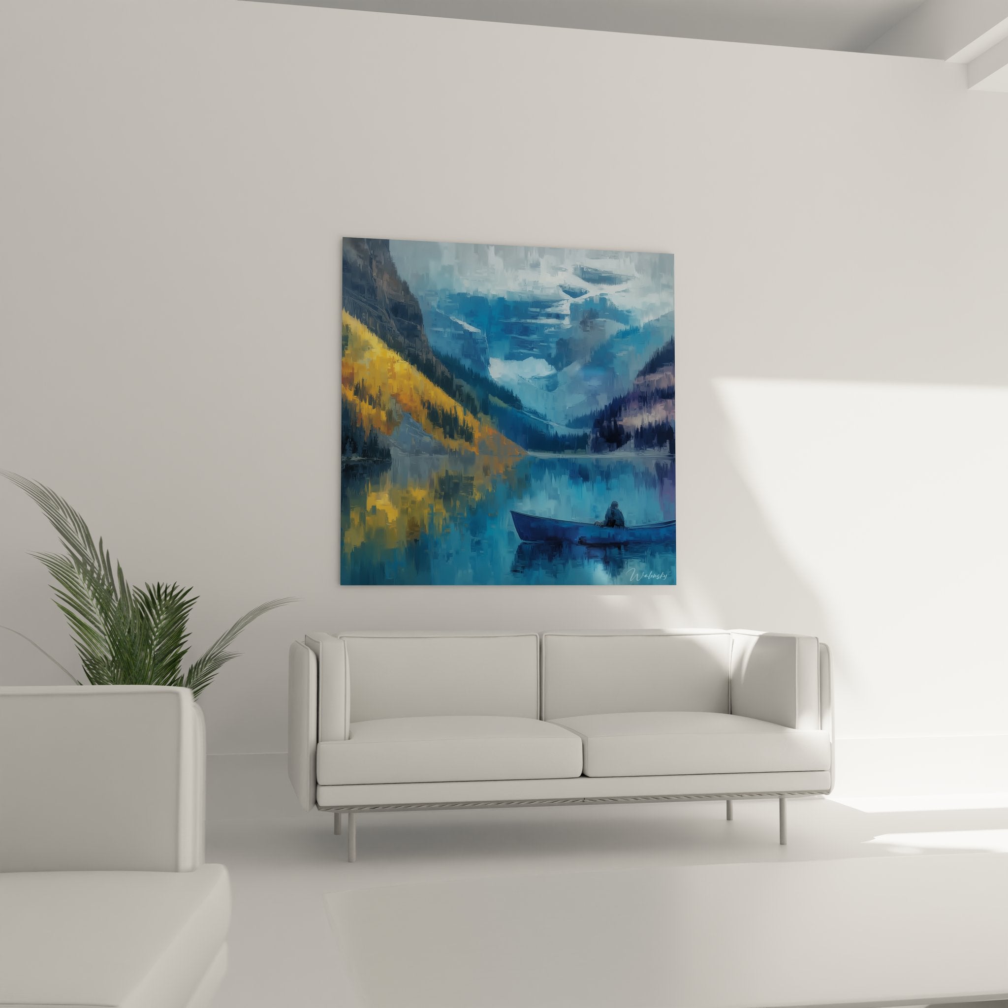 Détail tableau pêcheur lac, technique peinture paysage montagne, art nature gros plan