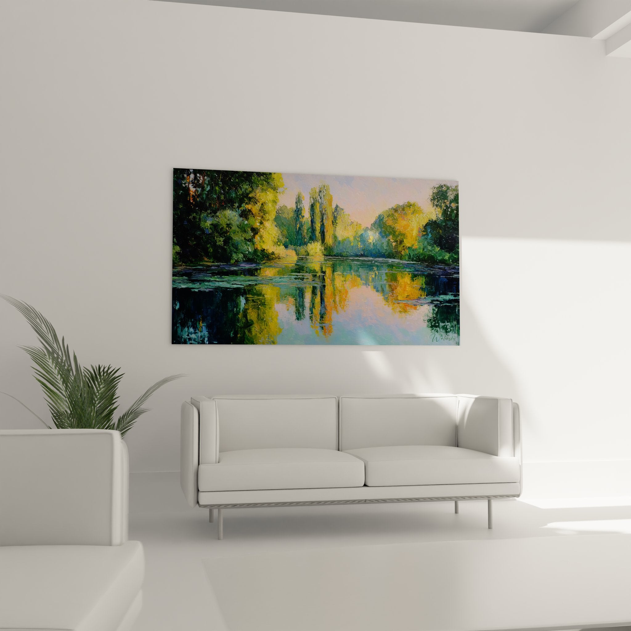 Détail peinture lac impressionniste reflets colorés technique picturale visible