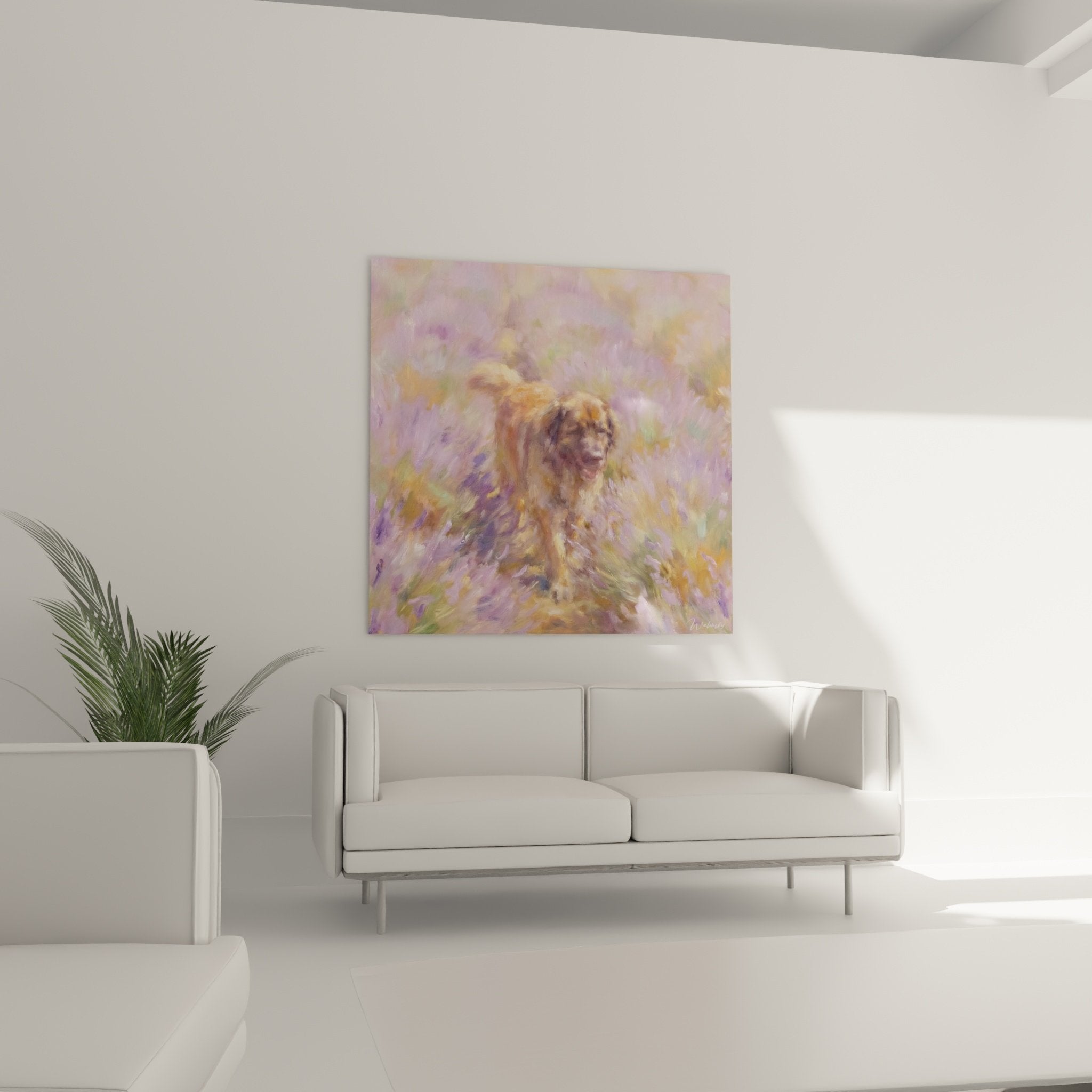 Détail peinture impressionniste fourrure dorée Leonberg technique coups pinceau visibles