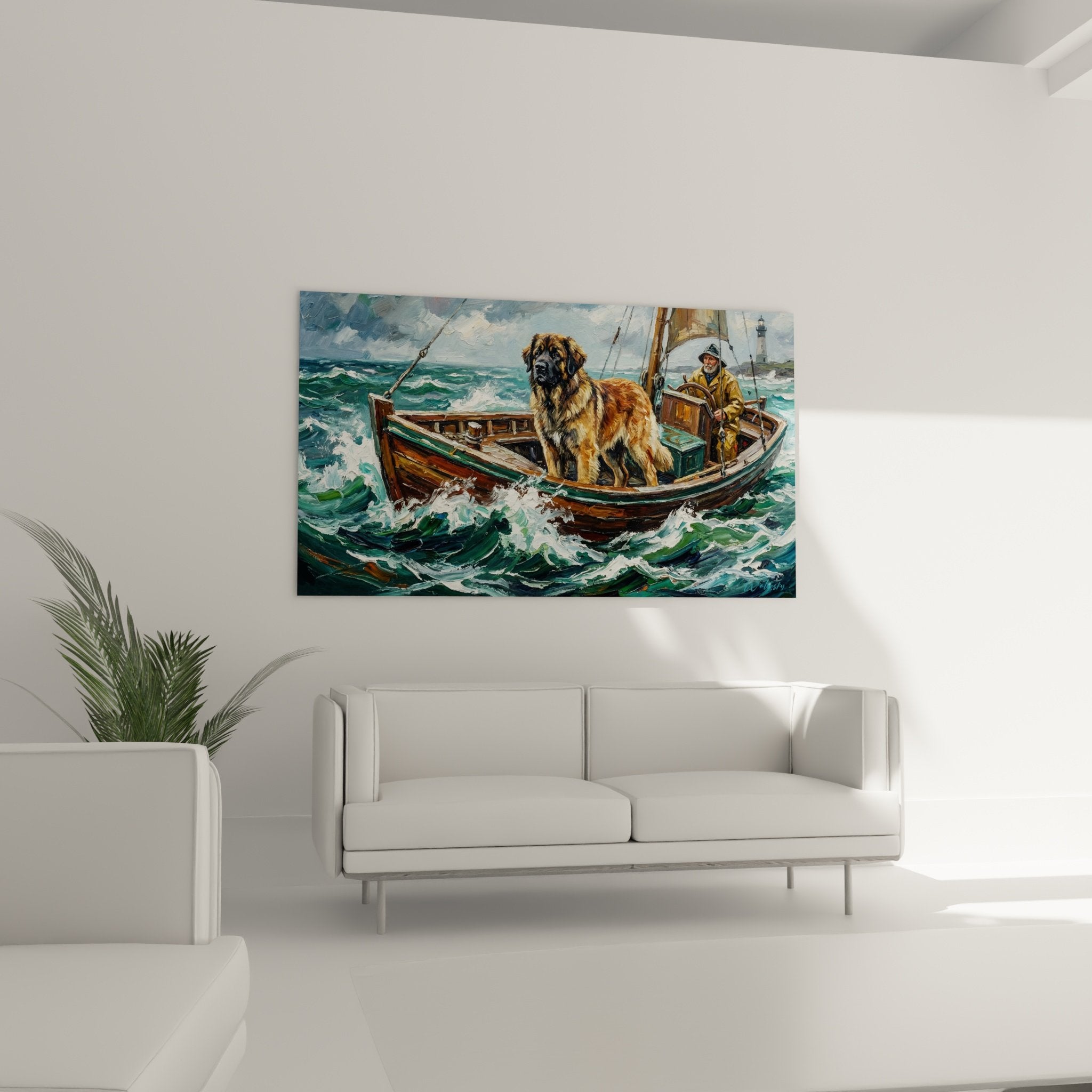 Detail peinture leonberg pelage dore roux bateau bois vagues turquoise ecume blanche realisme