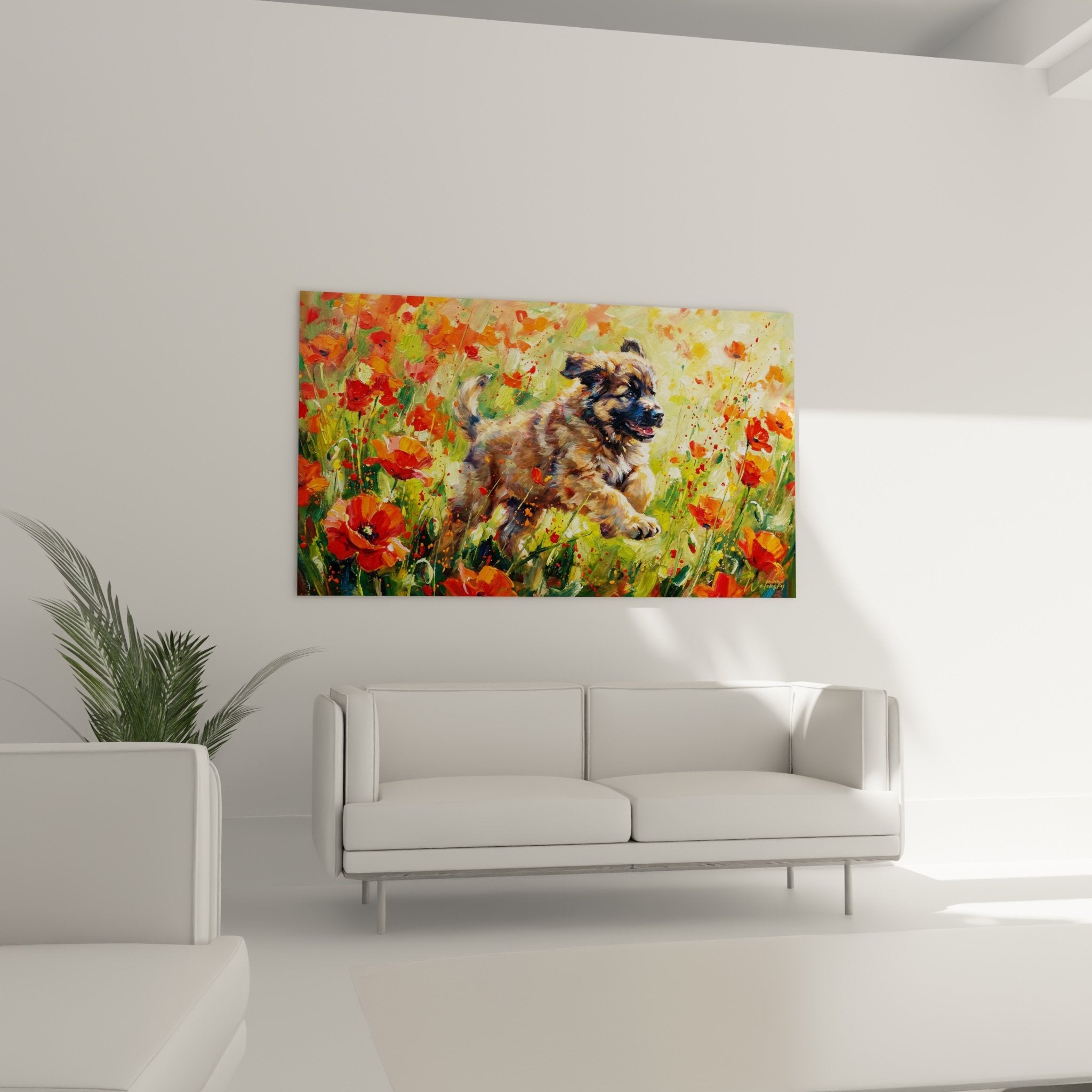 Detail pinceau Leonberg pelage fauve coquelicots rouges technique picturale expressive art contemporain