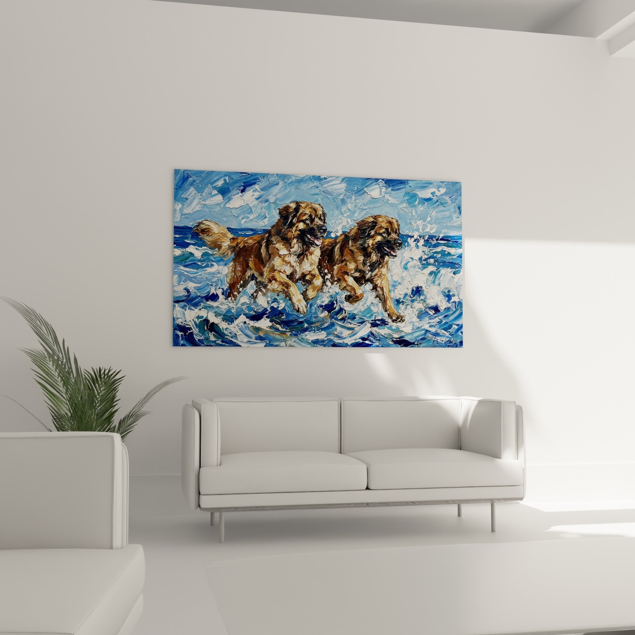 Détail peinture Leonberg pelage fauve texture empâtements coups pinceau expressifs art animalier