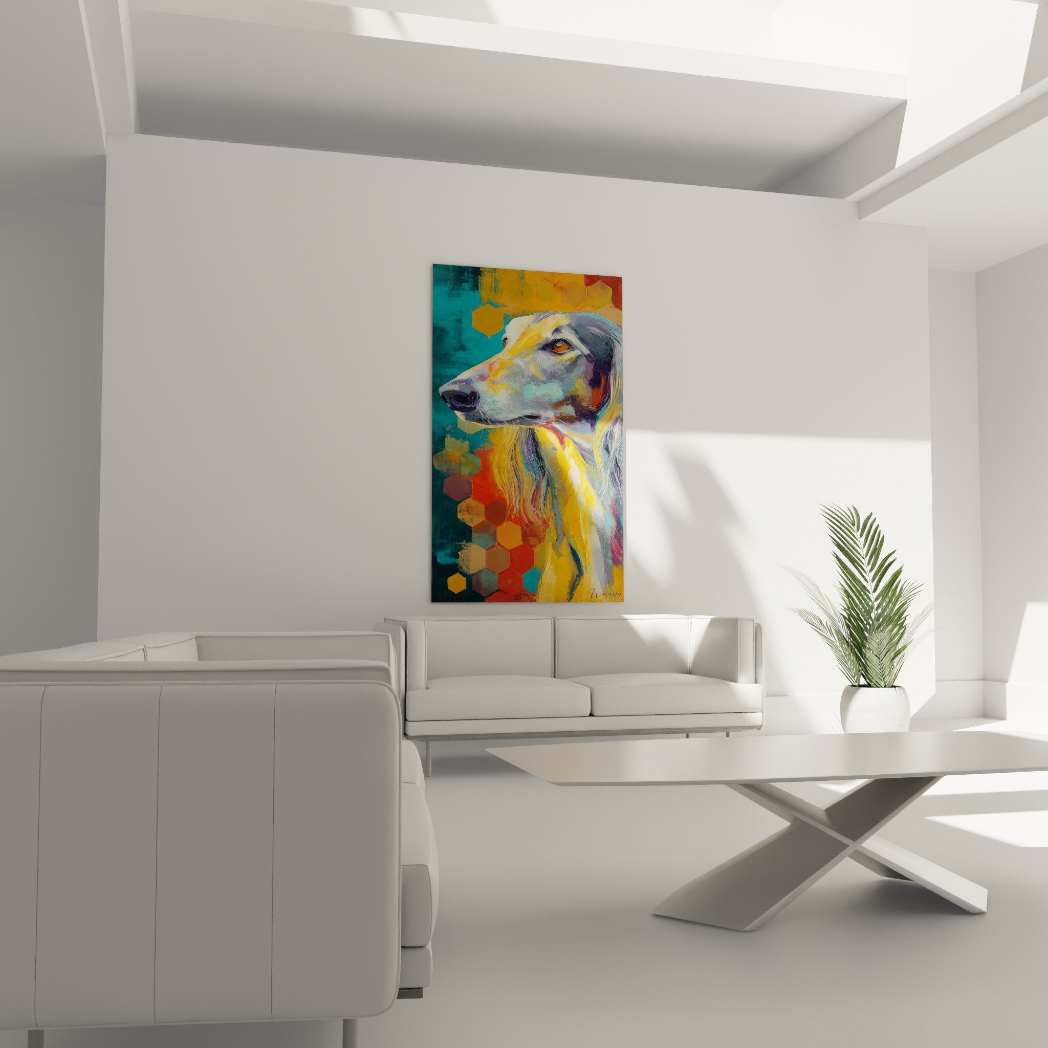 Détail du portrait Saluki montrant les couleurs expressives et la technique picturale contemporaine