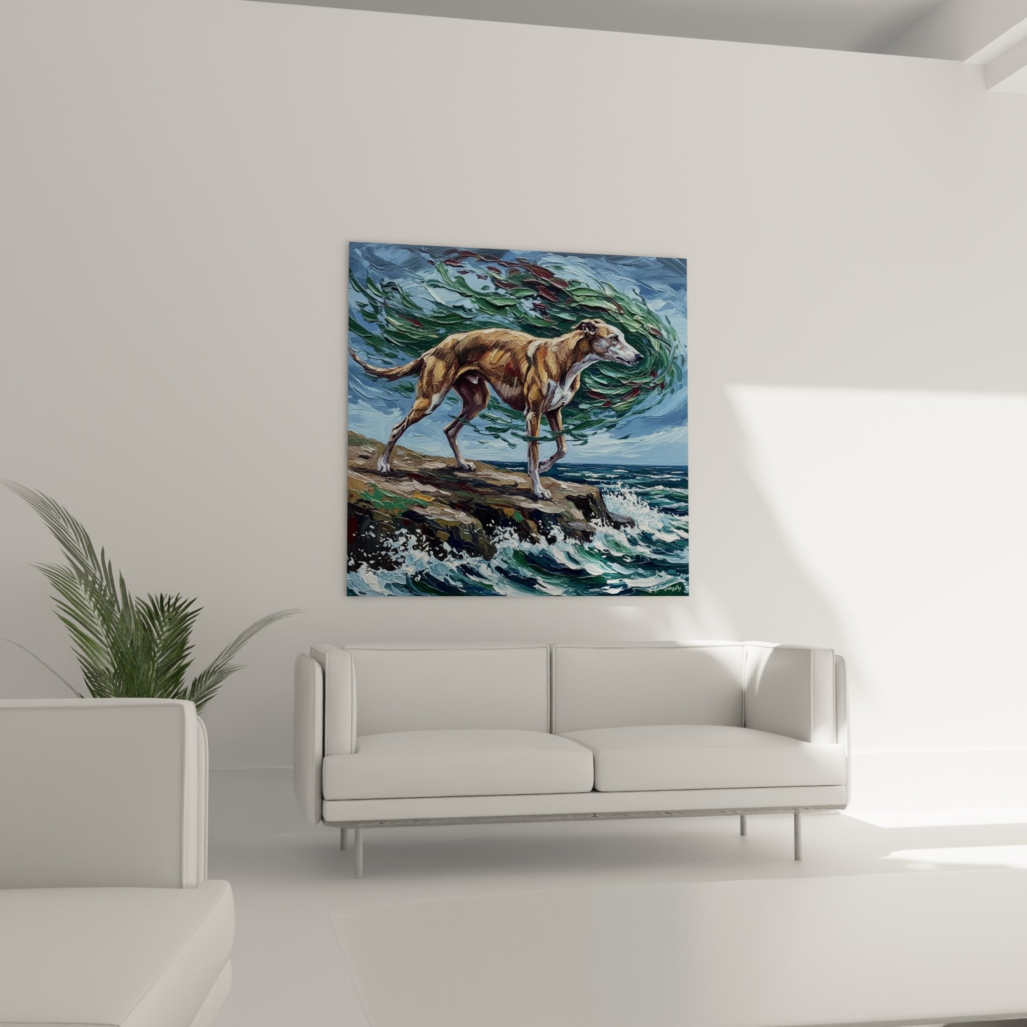 Detail peinture levrier greyhound technique empâtements pelage fauve textures expressives