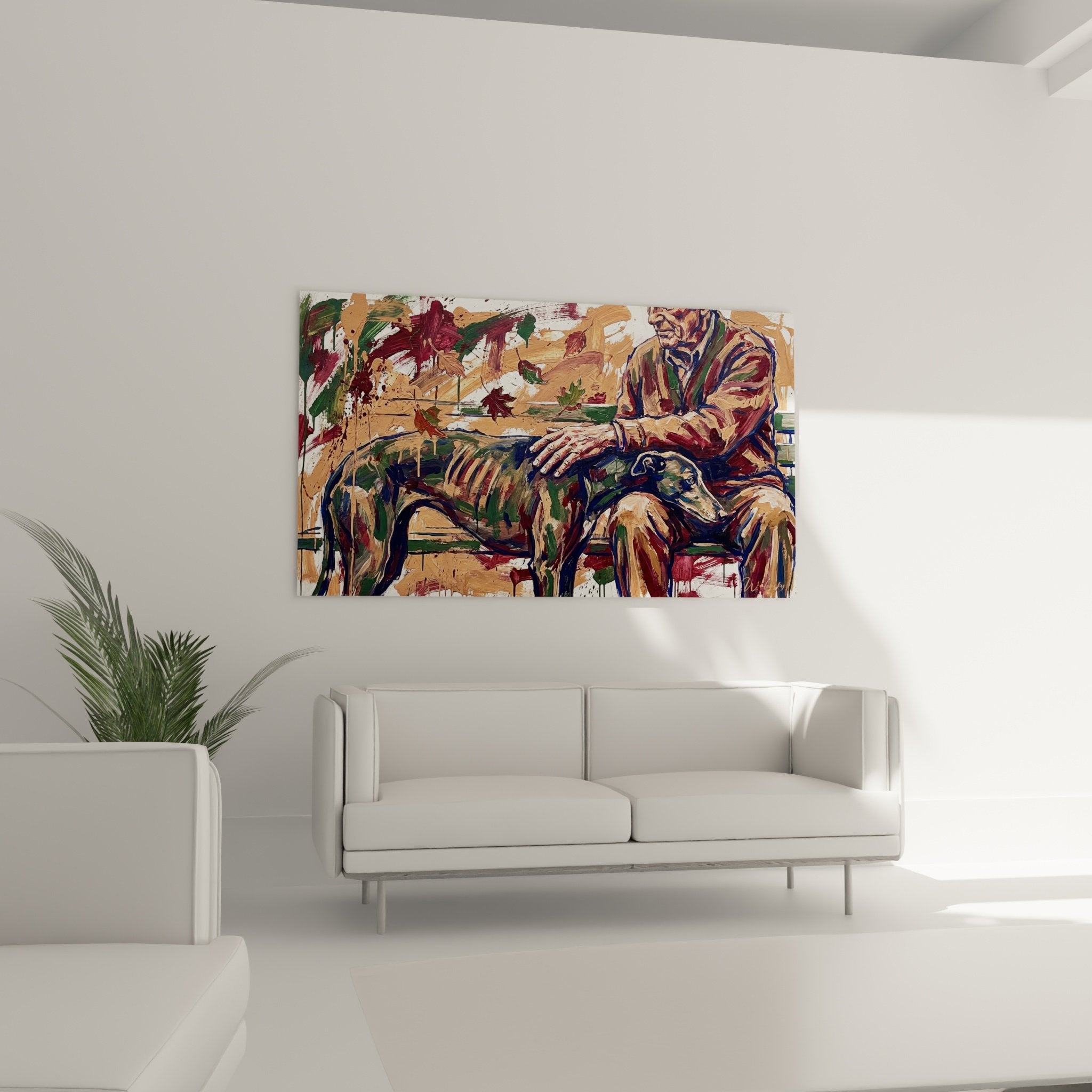 Detail peinture expressive levrier greyhound coups pinceau visibles tons chauds