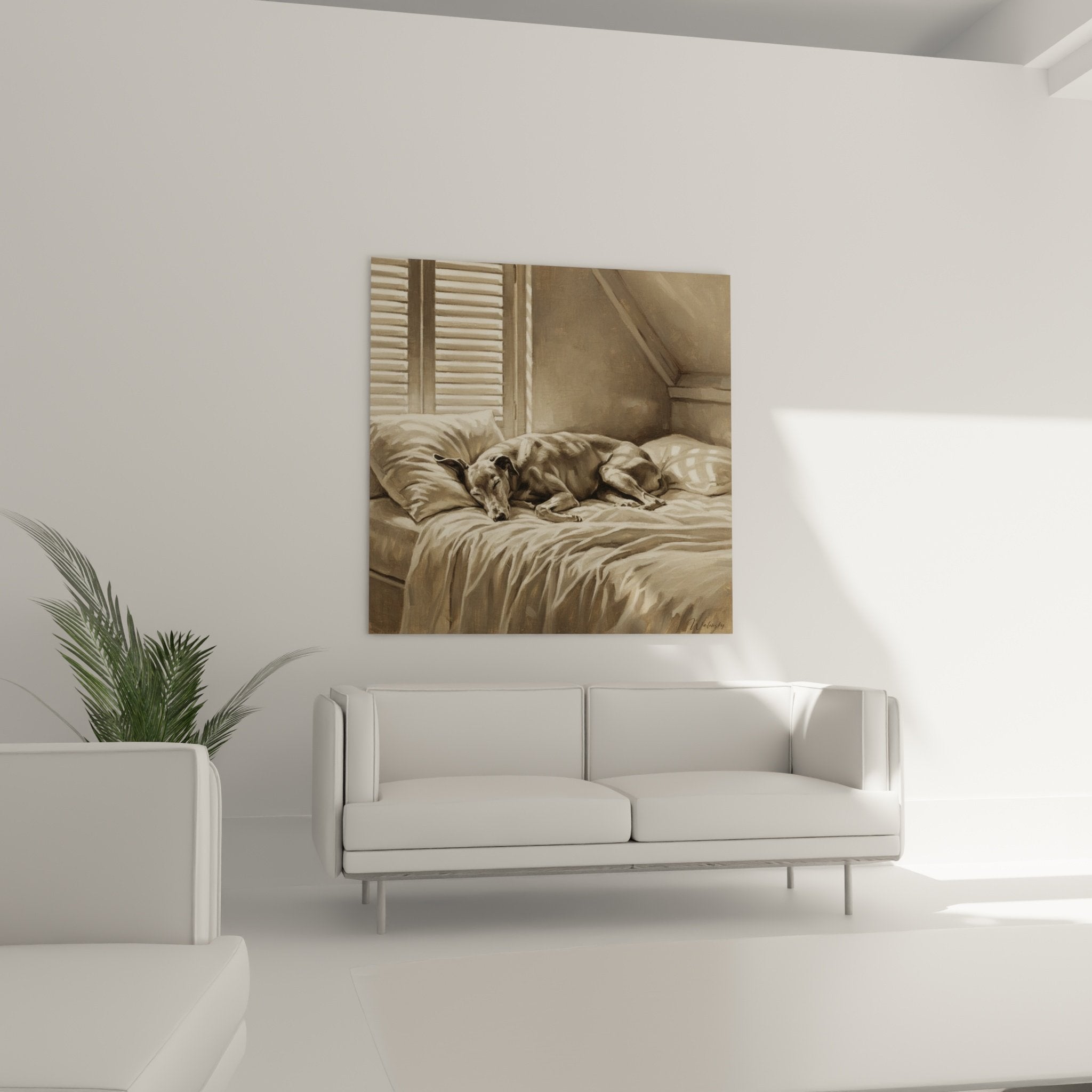 Nahaufnahme des Gemäldes Windhund Greyhound in Ruhe mit picturaler Technik und Sepia-Farbnuancen