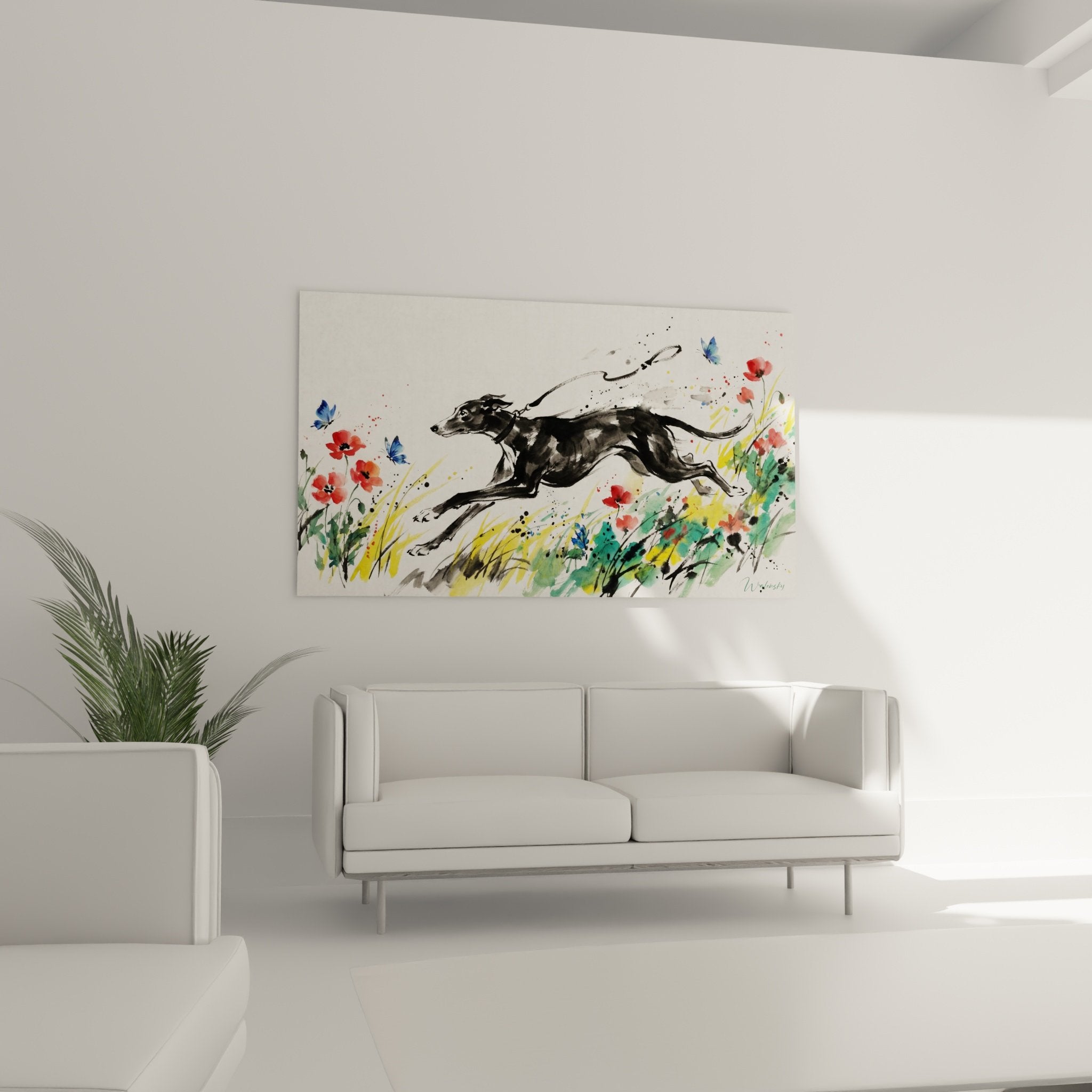 Detail peinture levrier greyhound technique aquarelle eclaboussures couleurs fleurs papillons