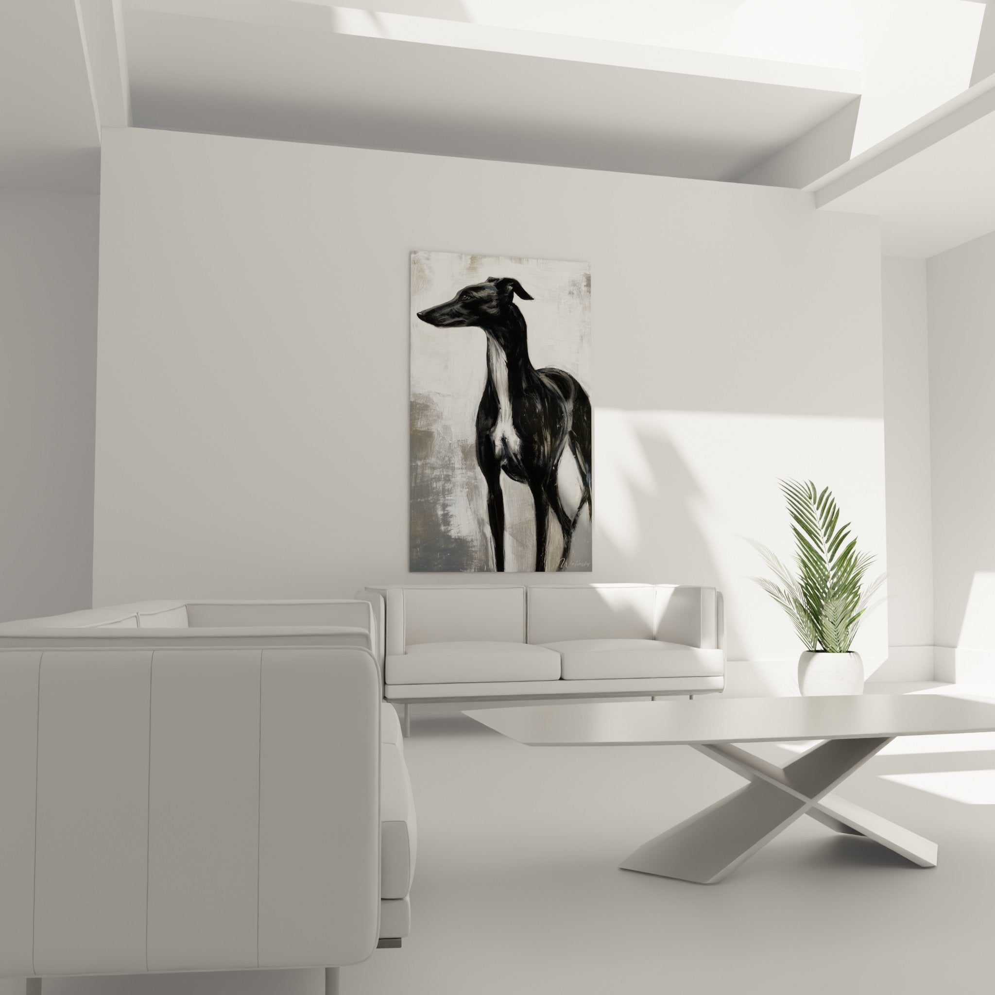 Détail rapproché du portrait de Lévrier Whippet montrant les nuances de gris et la technique picturale