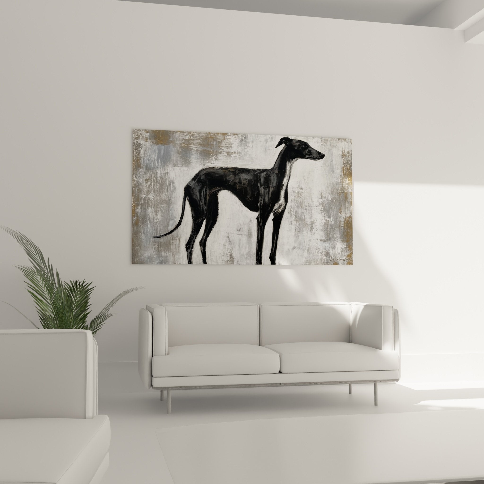 Détail peinture lévrier whippet noir texture coups pinceau fond gris art contemporain qualité