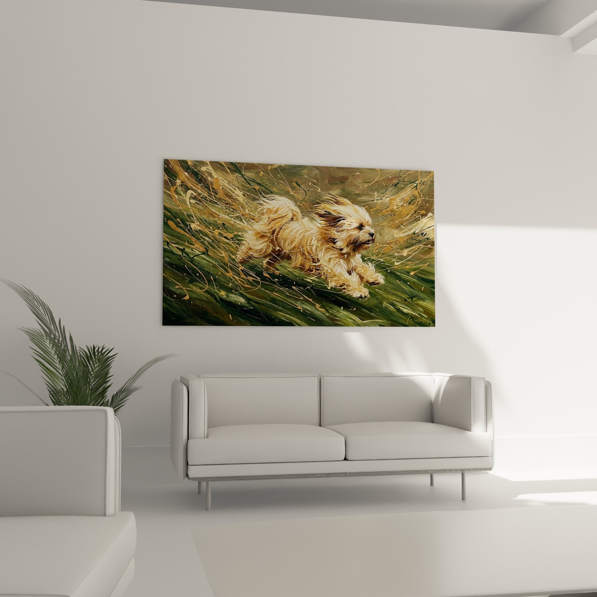 Détail peinture Lhassa Apso en mouvement avec éclaboussures dorées et coups de pinceau expressifs