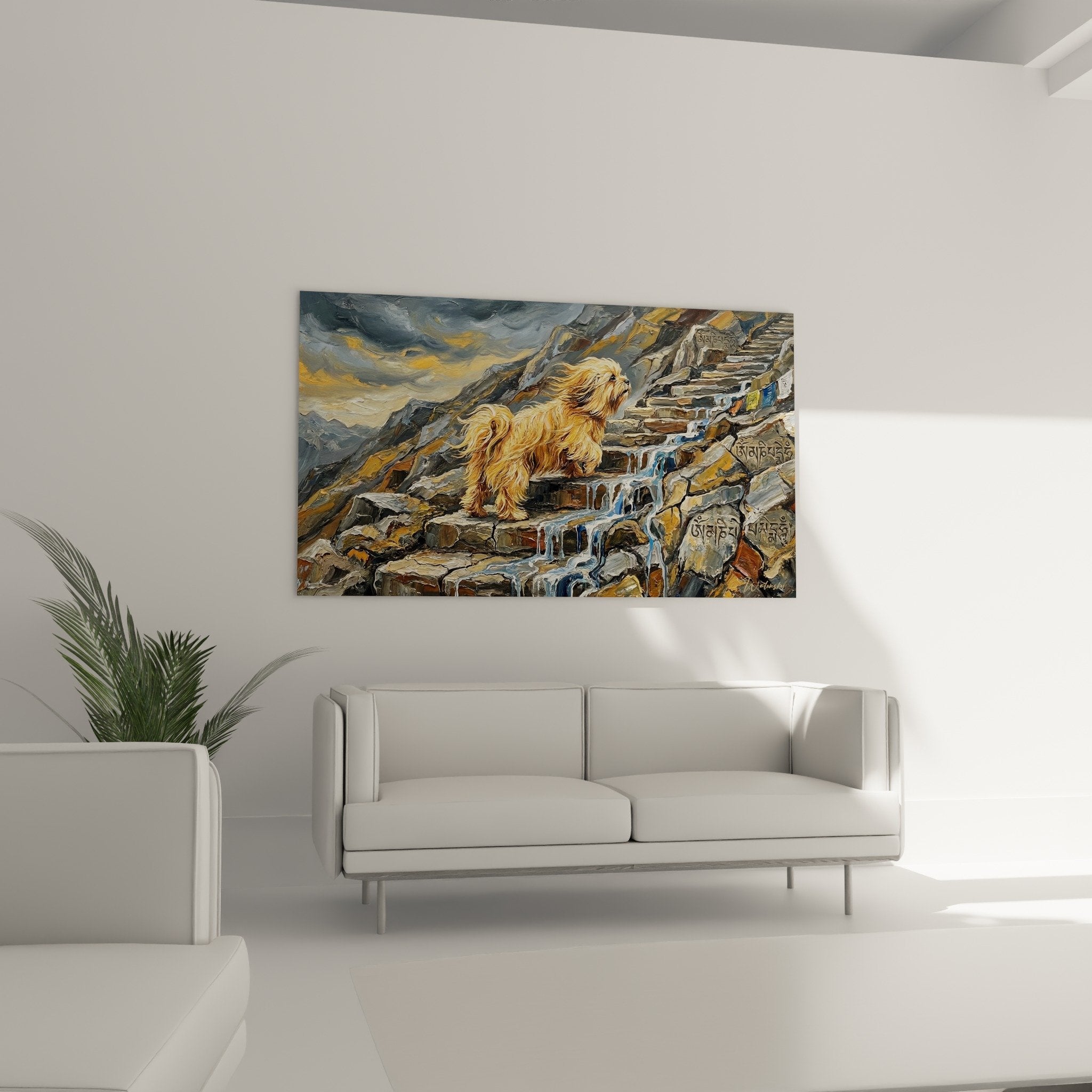 Détail peinture Lhassa Apso pelage doré flottant vent marches pierre sculptées caractères tibétains