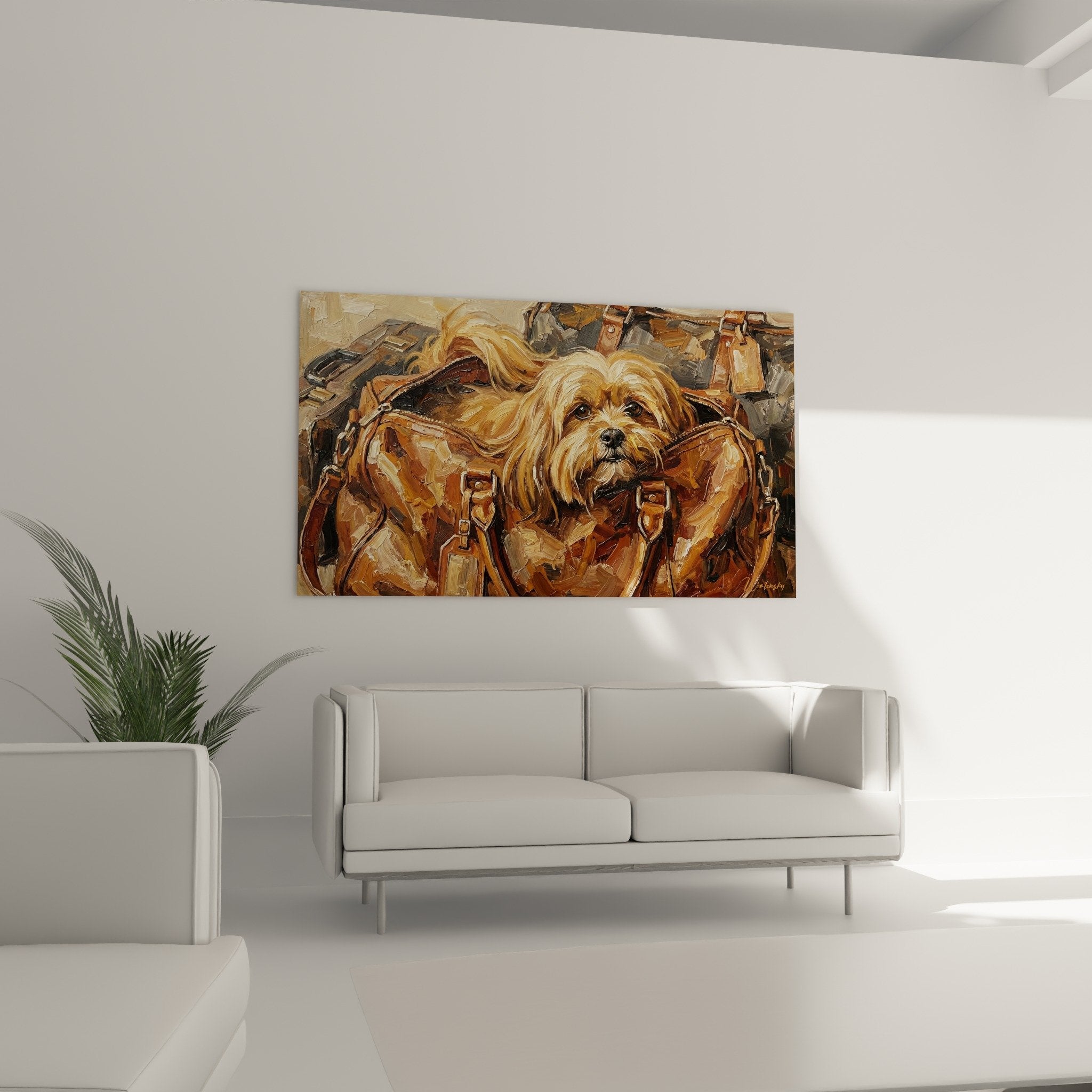 Detail peinture Lhassa Apso pelage dore texture empâtement coup de pinceau bagages cuir ancien