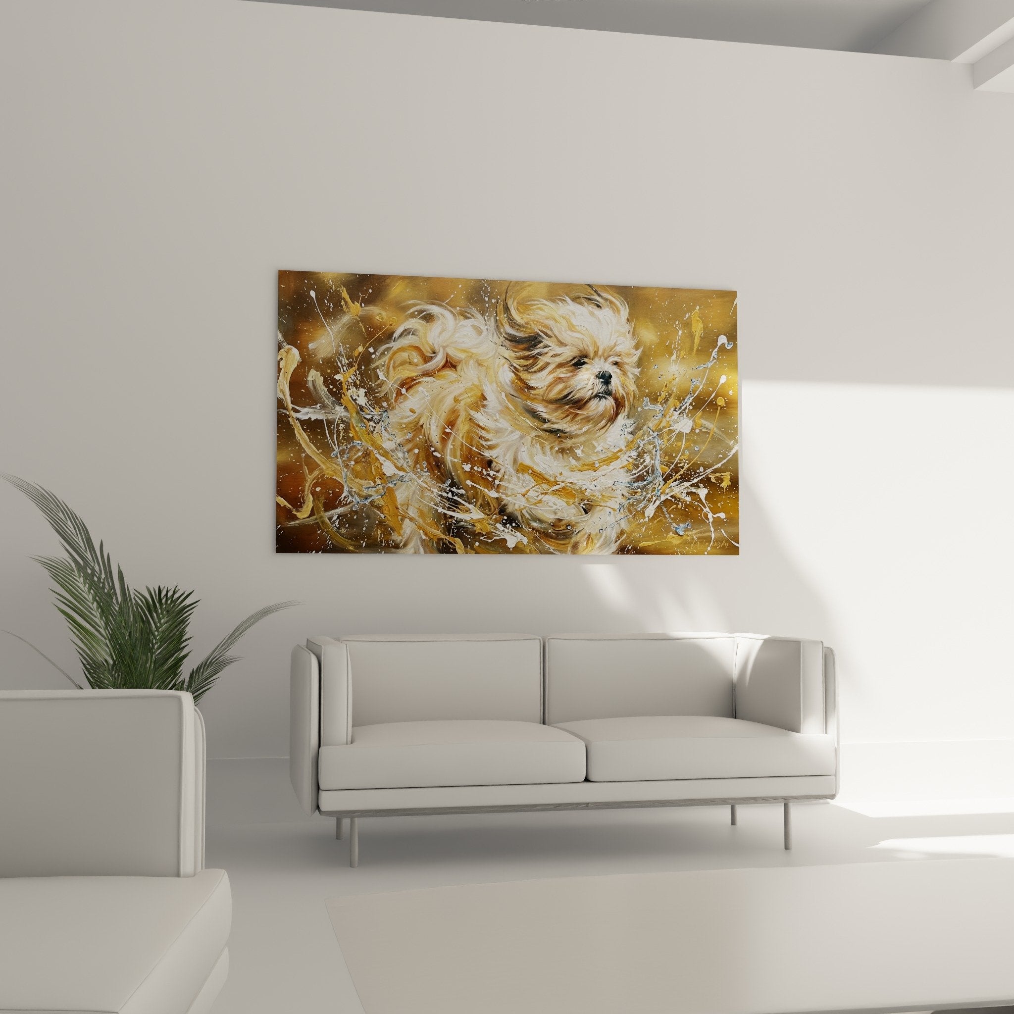 Détail peinture Lhassa Apso poils dorés flottants dans tourbillon éclaboussures blanches expressives