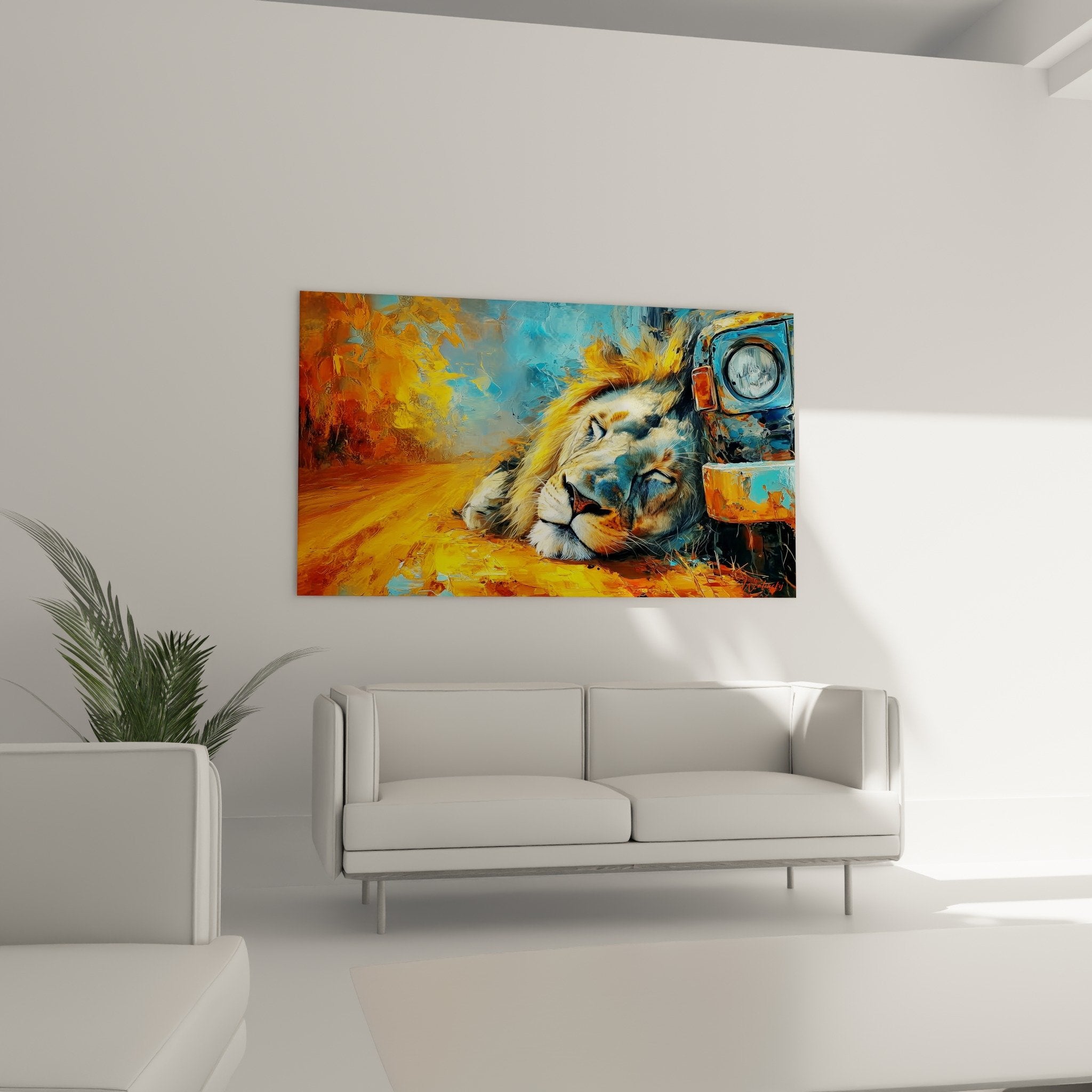 Détail peinture lion crinière dorée technique empâtement couleurs vives orange bleu