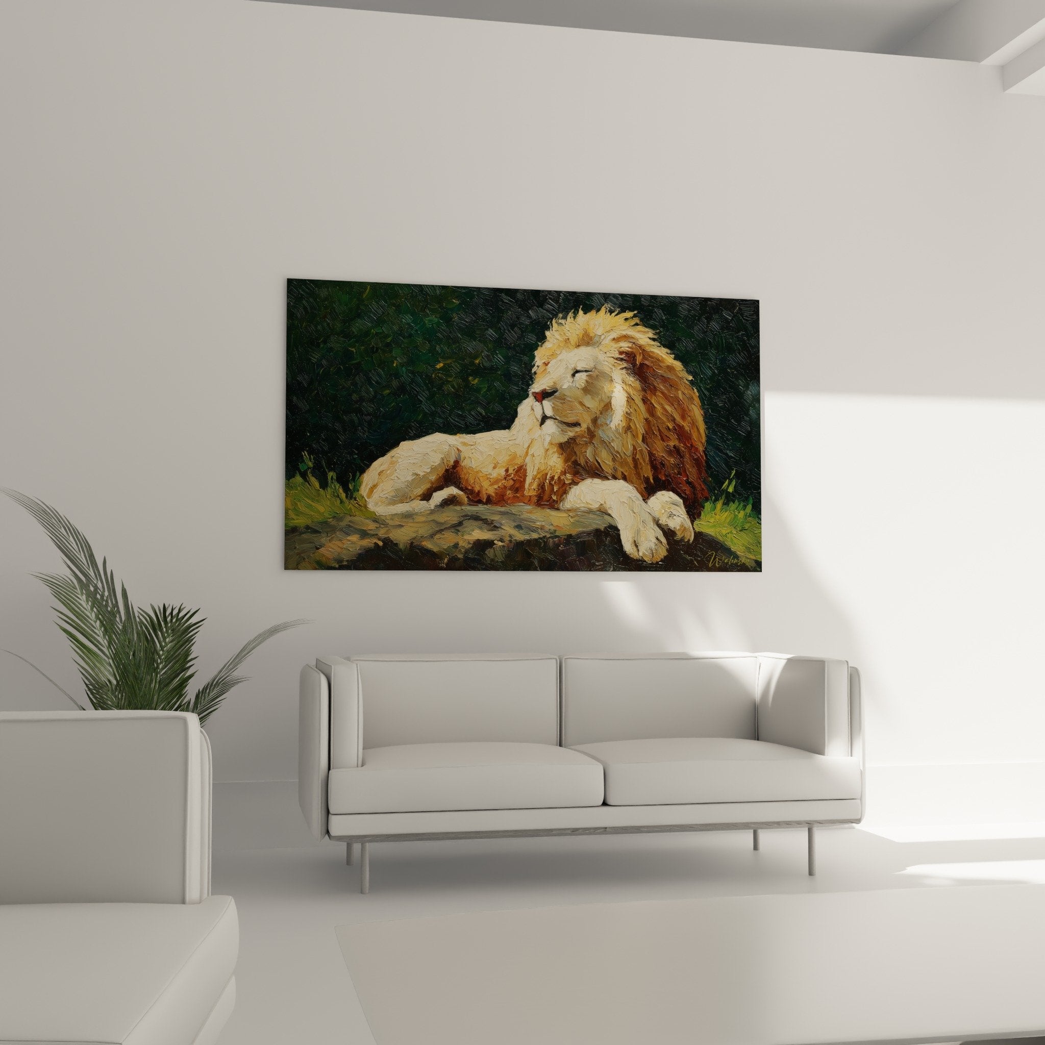 Artistic detail of the lion artwork showcasing the golden mane texture and serene expression