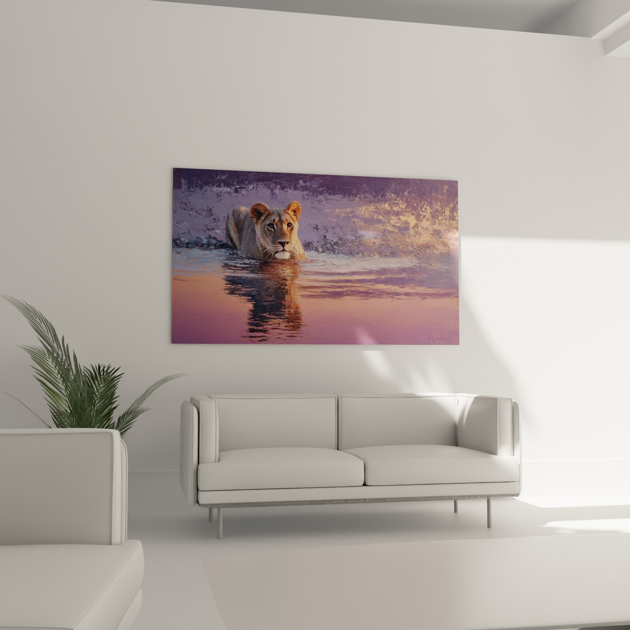 lion painting detail water golden reflections artistic textures purple colors