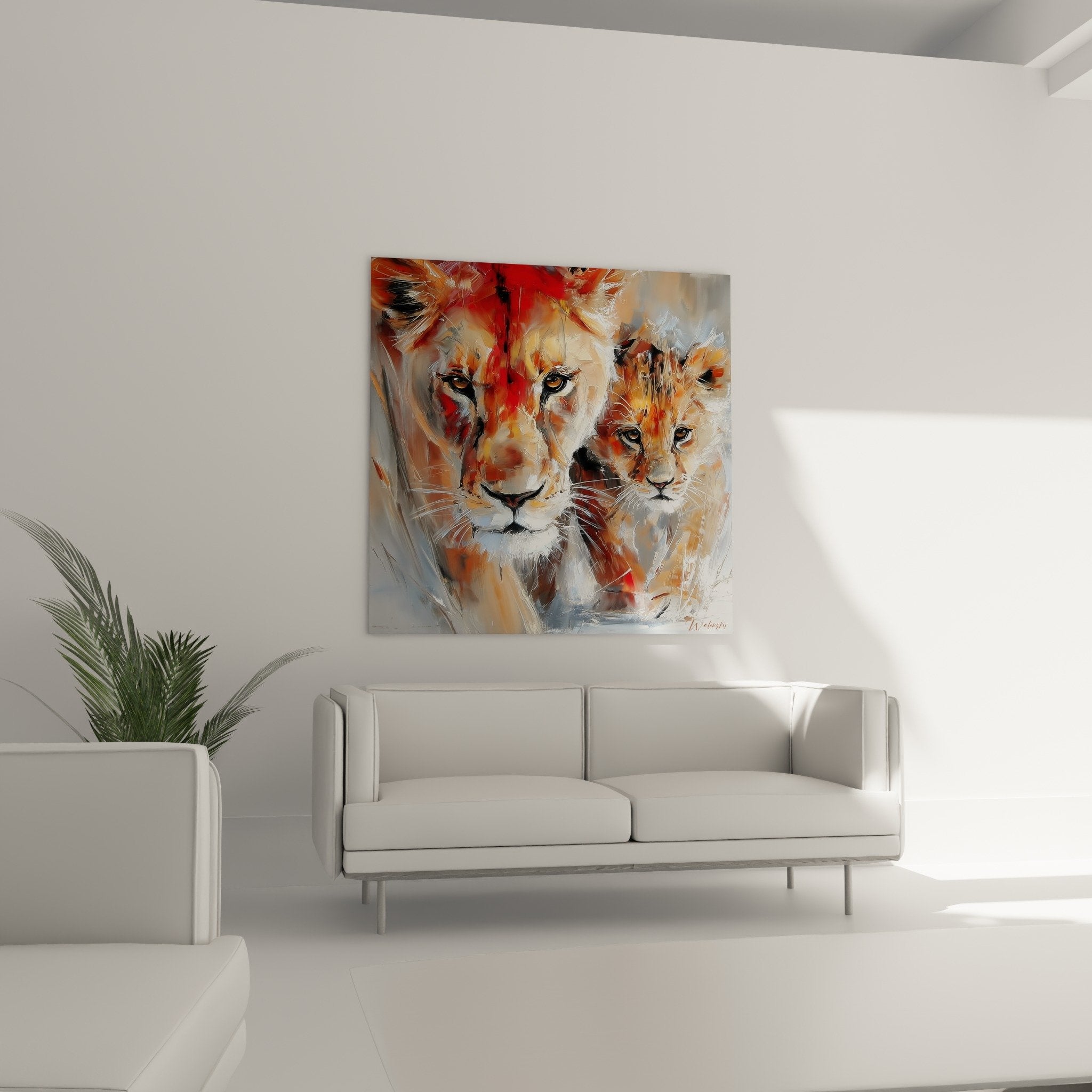 Detail peinture lion lionceau yeux dores technique empates couleurs chaudes art animalier