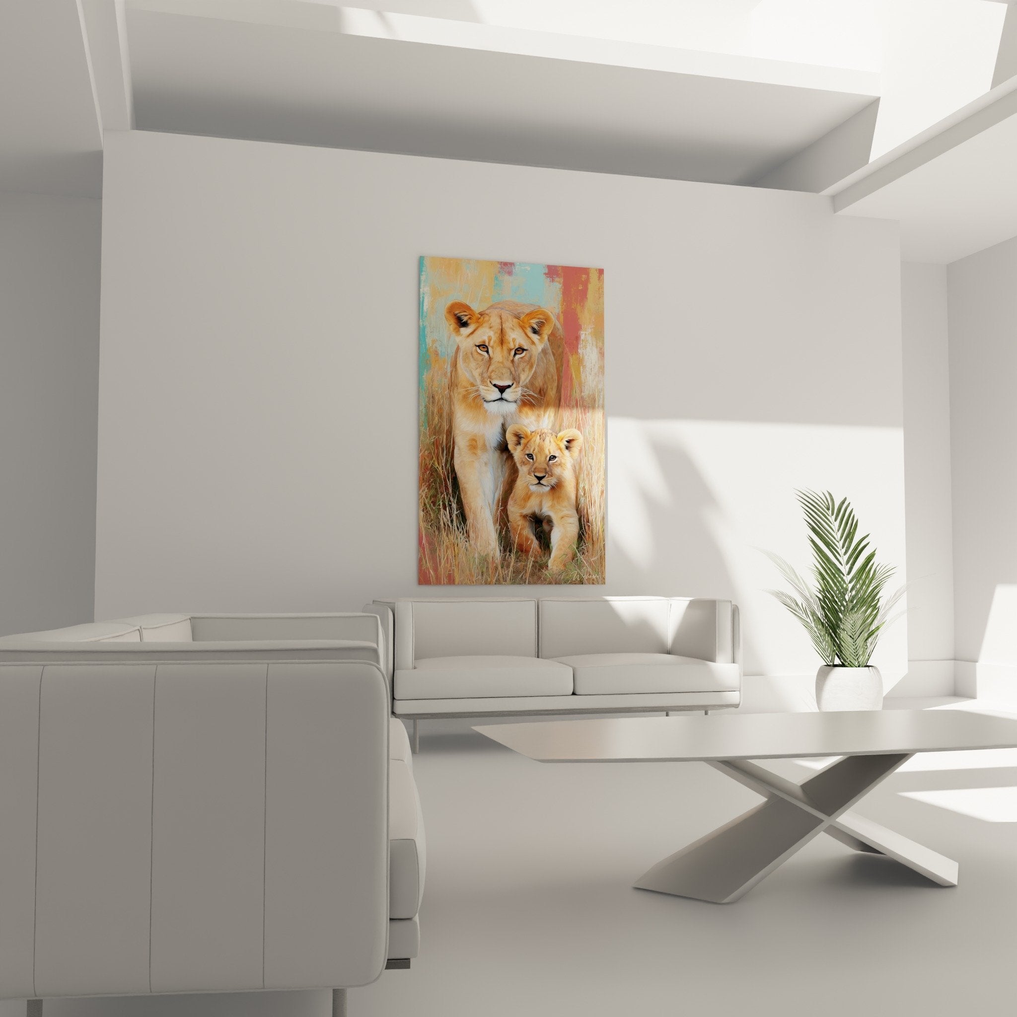 Dettaglio quadro leonessa cucciolo di leone, pittura realistica pelliccia dorata, sfondo astratto turchese corallo