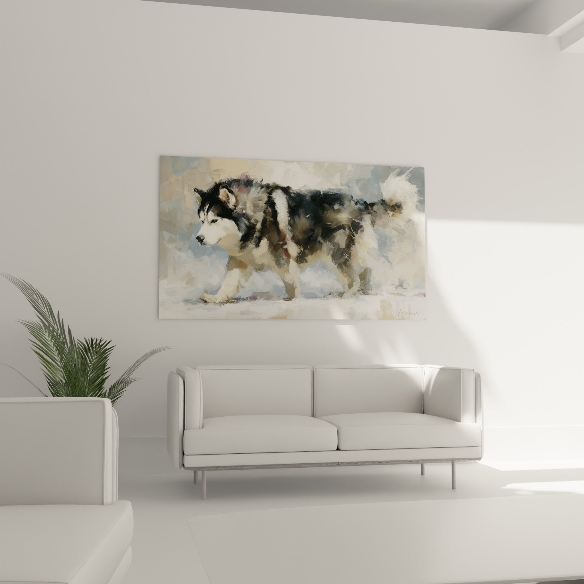 Détail peinture Malamute Alaska montrant technique pinceau expressif et palette beige