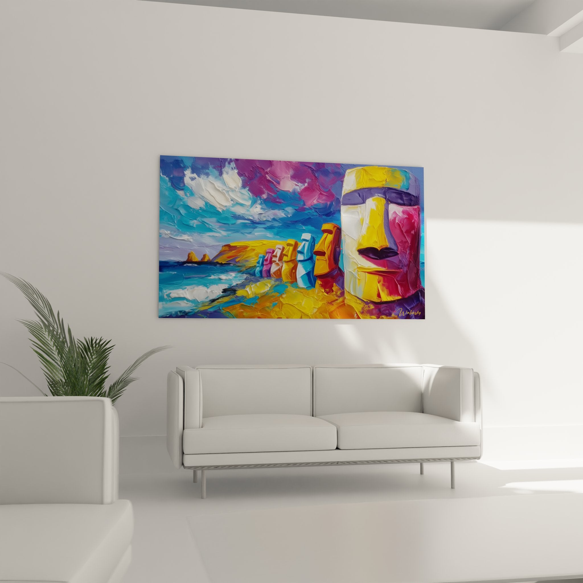 Détail gros plan tableau Moai peinture épaisse couleurs vives jaune bleu violet île de Pâques