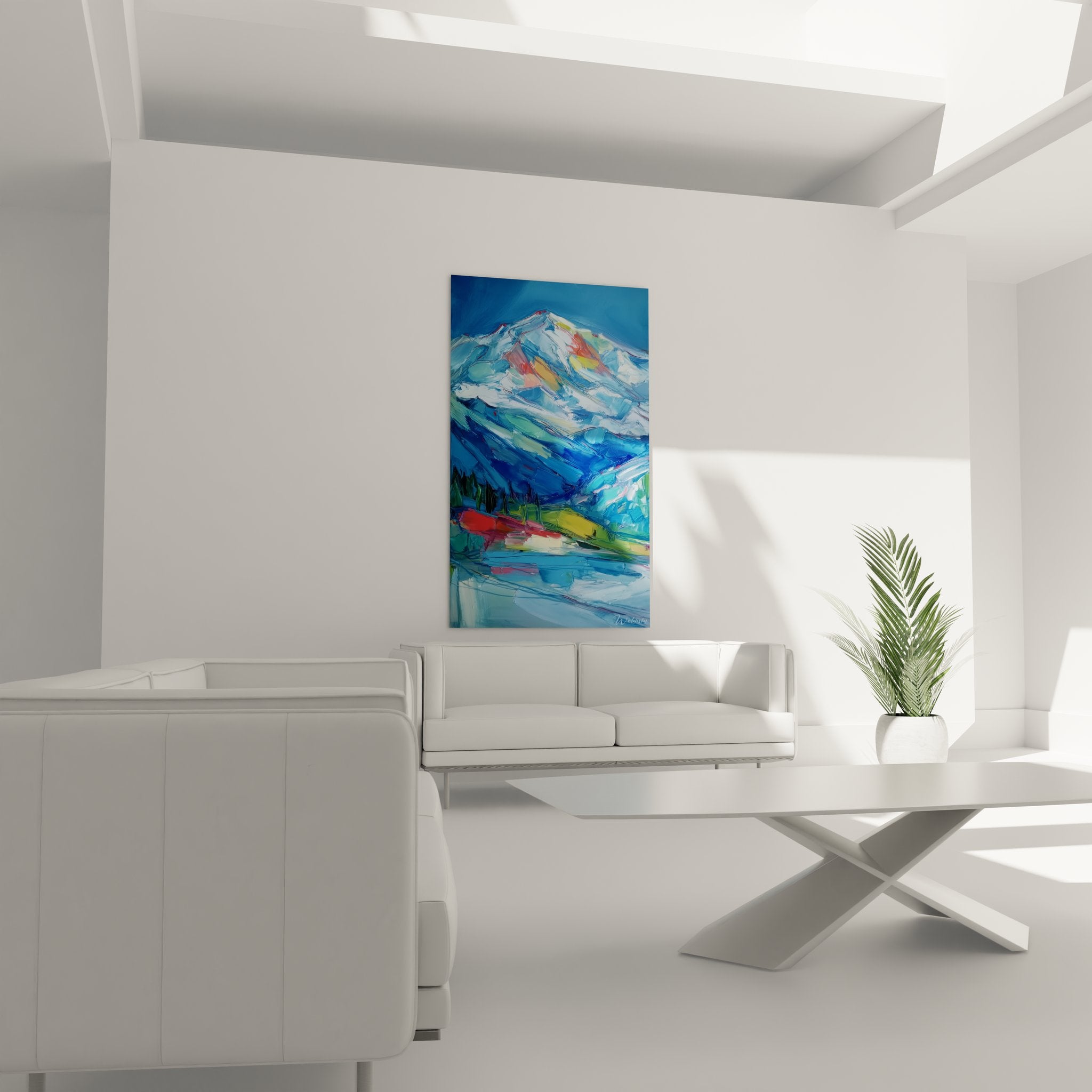 Détail texture peinture montagne lac, technique impasto couleurs vives bleu rouge jaune expressionniste