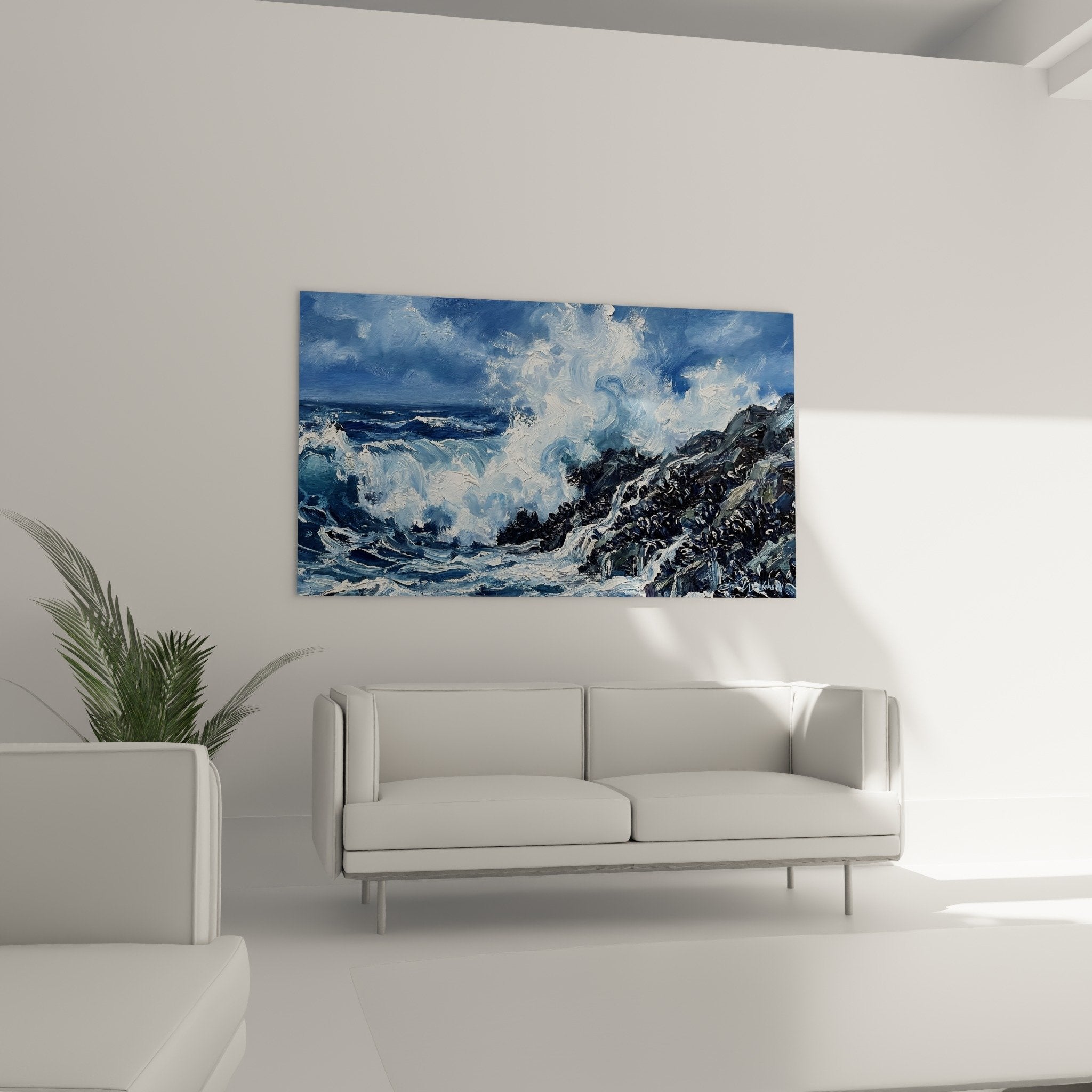gemäldedetail formtechnik impasto textur blauweiss gischt felsen maltechnik meereskunst
