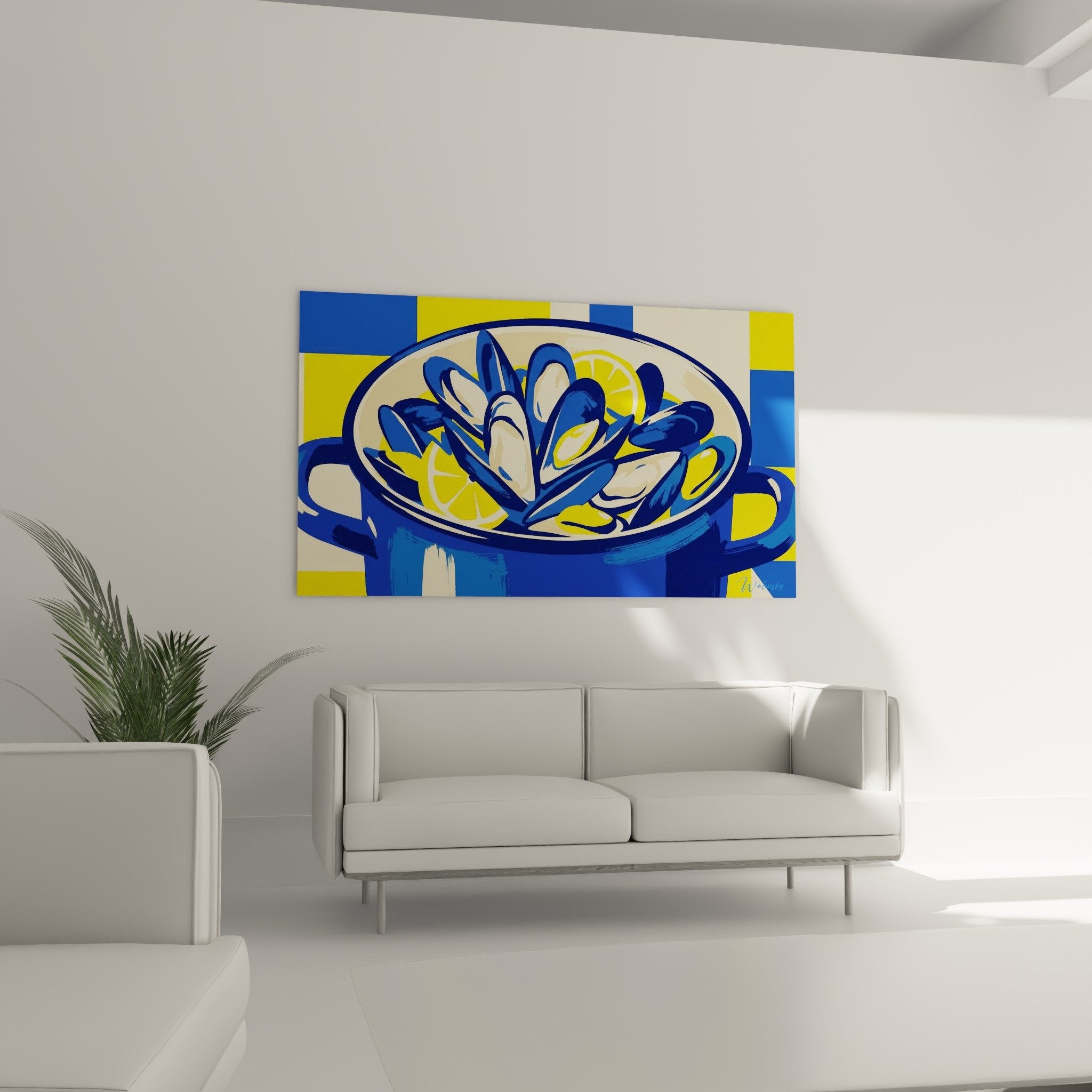 Nahaufnahme Gemälde Muscheln blaue Zitrone goldene Textur realistisch Gastronomie-Kunst
