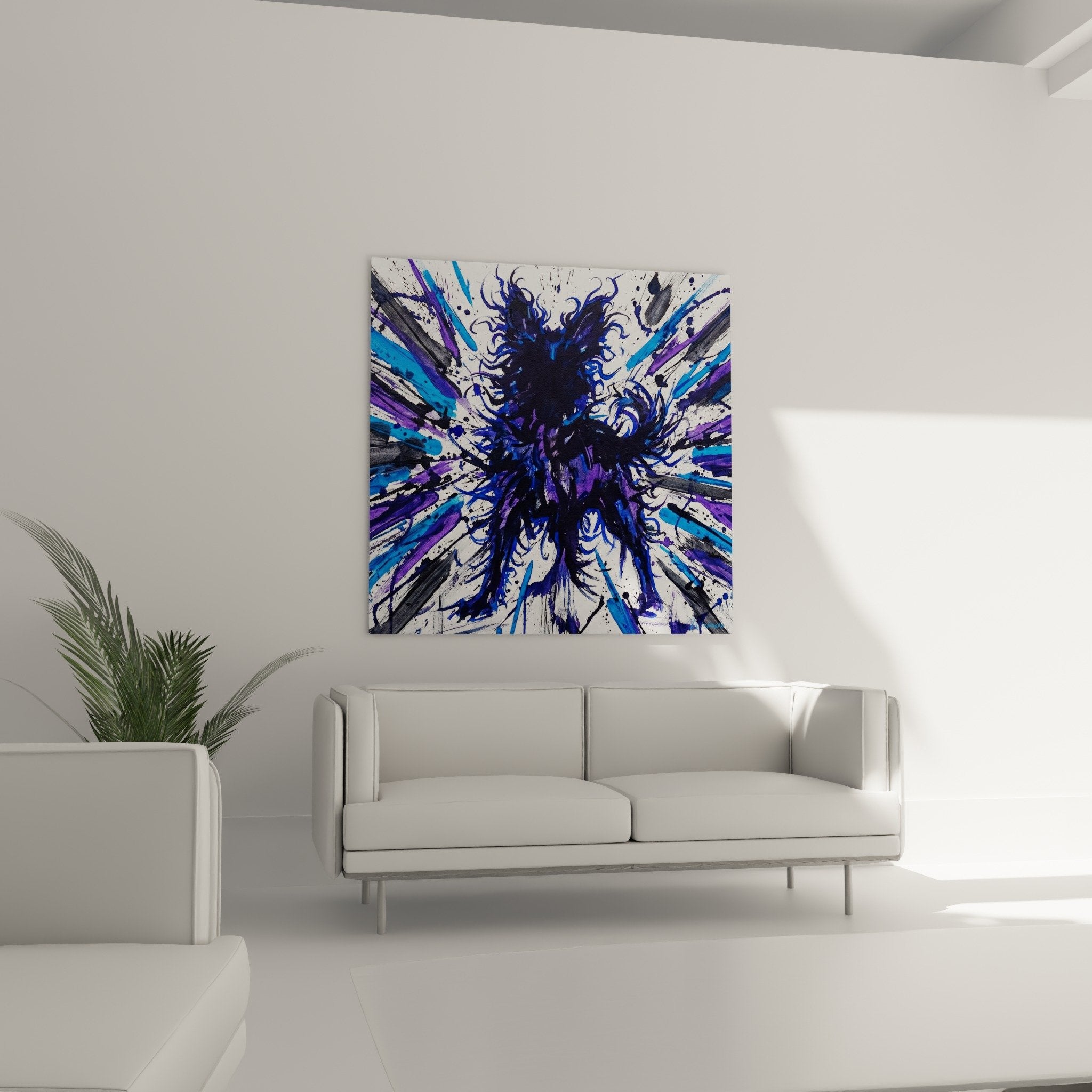 Détail rapproché tableau Mudi montrant les éclats de peinture bleue et violette et la silhouette du chien en mouvement