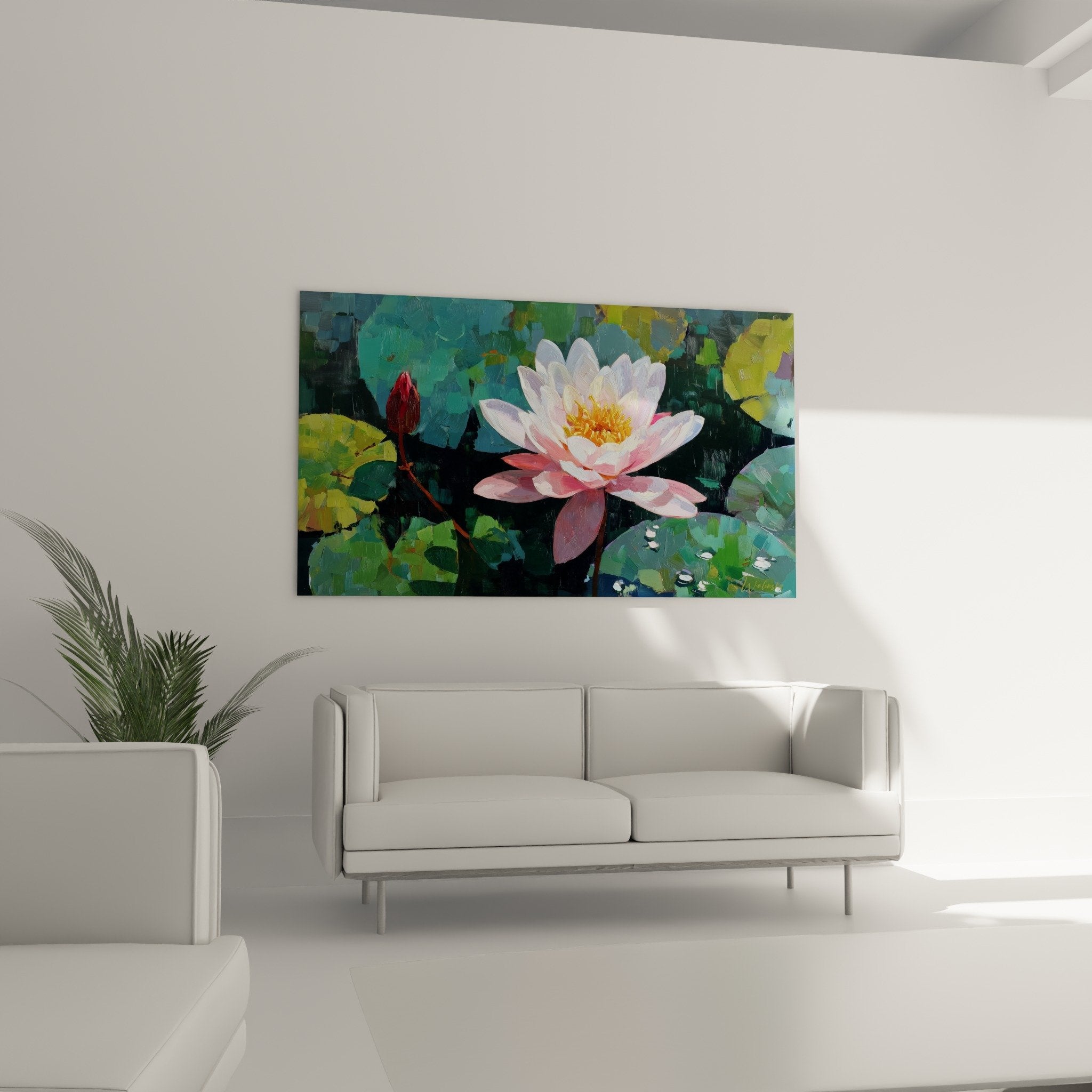 Détail peinture nénuphars pétales blancs roses cœur doré bourgeon rouge touches pinceau expressives