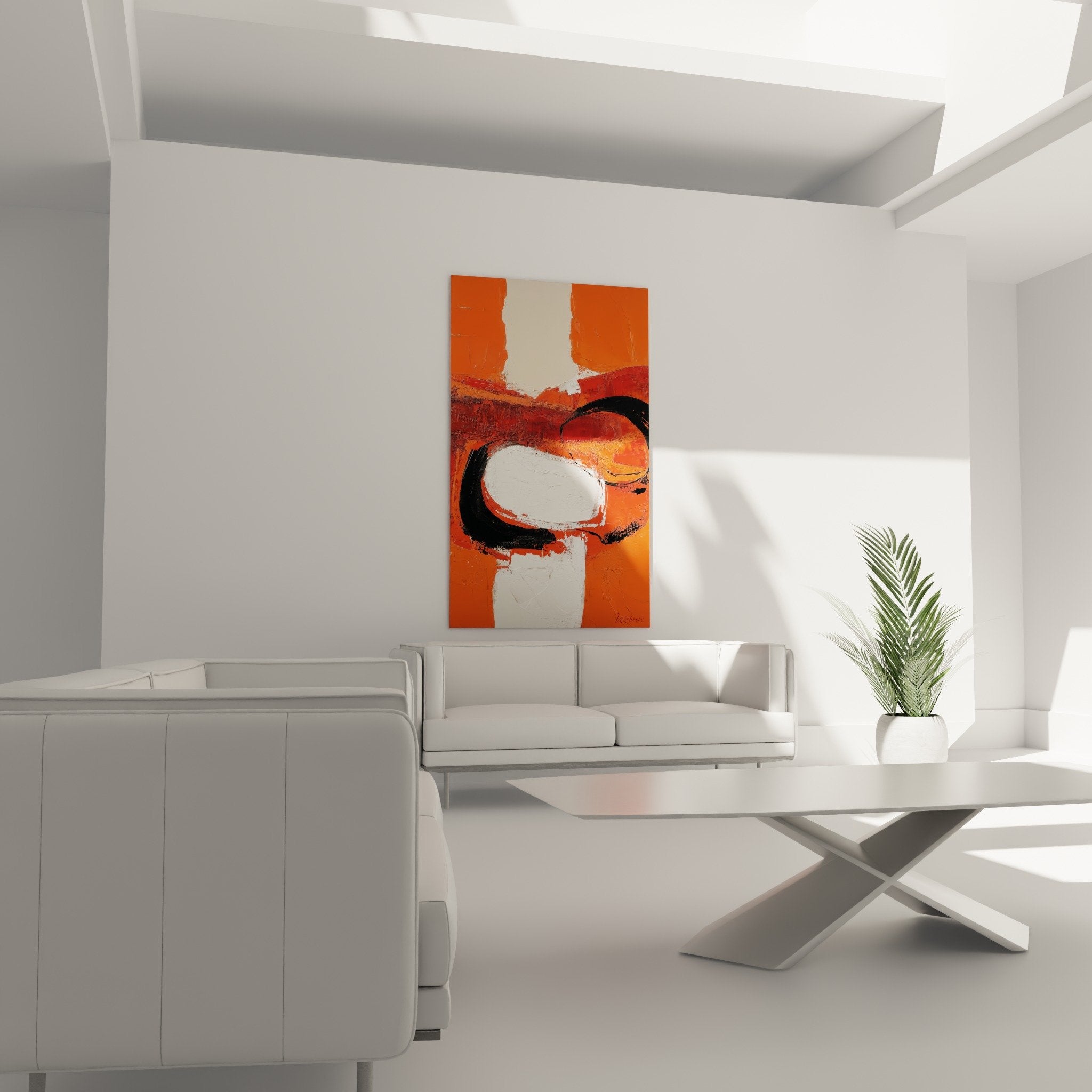 Detail abstract orange painting thick texture black circles feng shui south fire material
