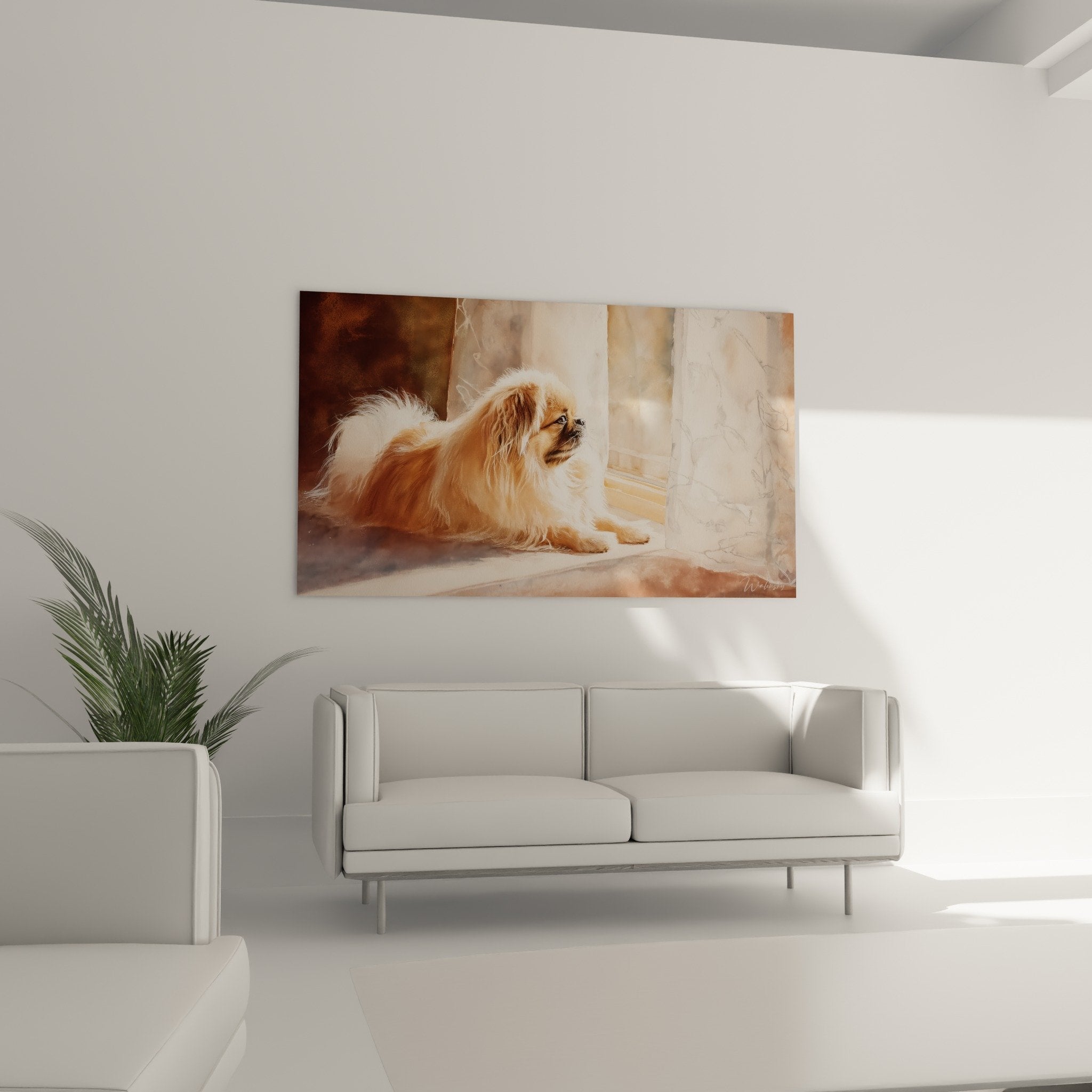 Détail peinture pékinois pelage soyeux couleur fauve cuivrée texture réaliste art animalier raffiné