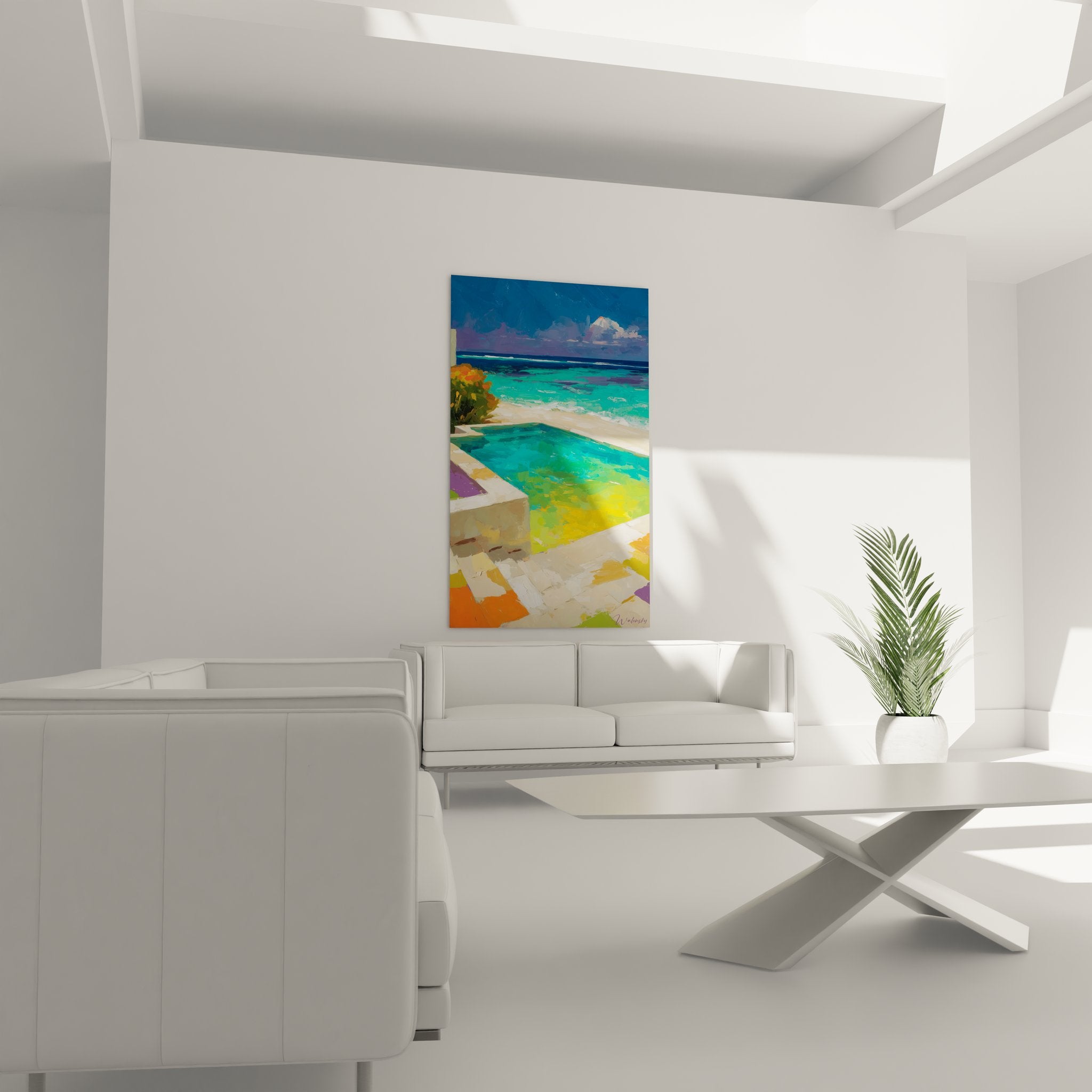 Détail peinture piscine turquoise techniques artistiques couleurs vives art tropical contemporain