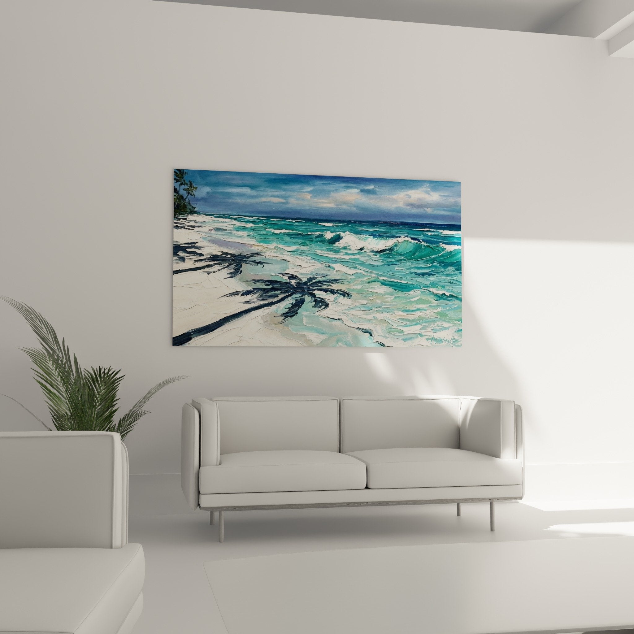 Detail peinture plage tropicale palmier empate couleurs turquoise blanc texture artistique style bali