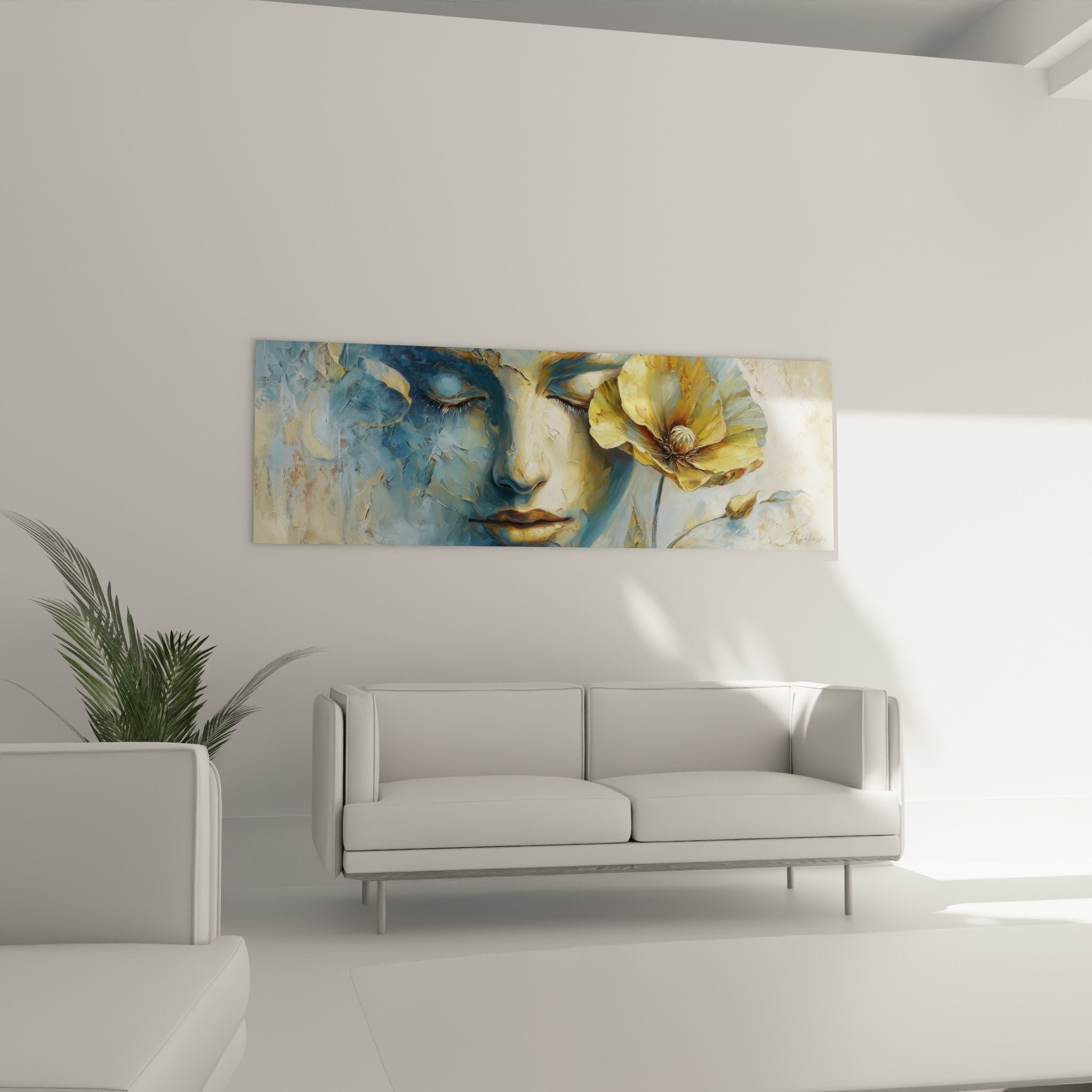 Detailed painting of feminine face with closed eyes blue tones textured brushwork golden flower