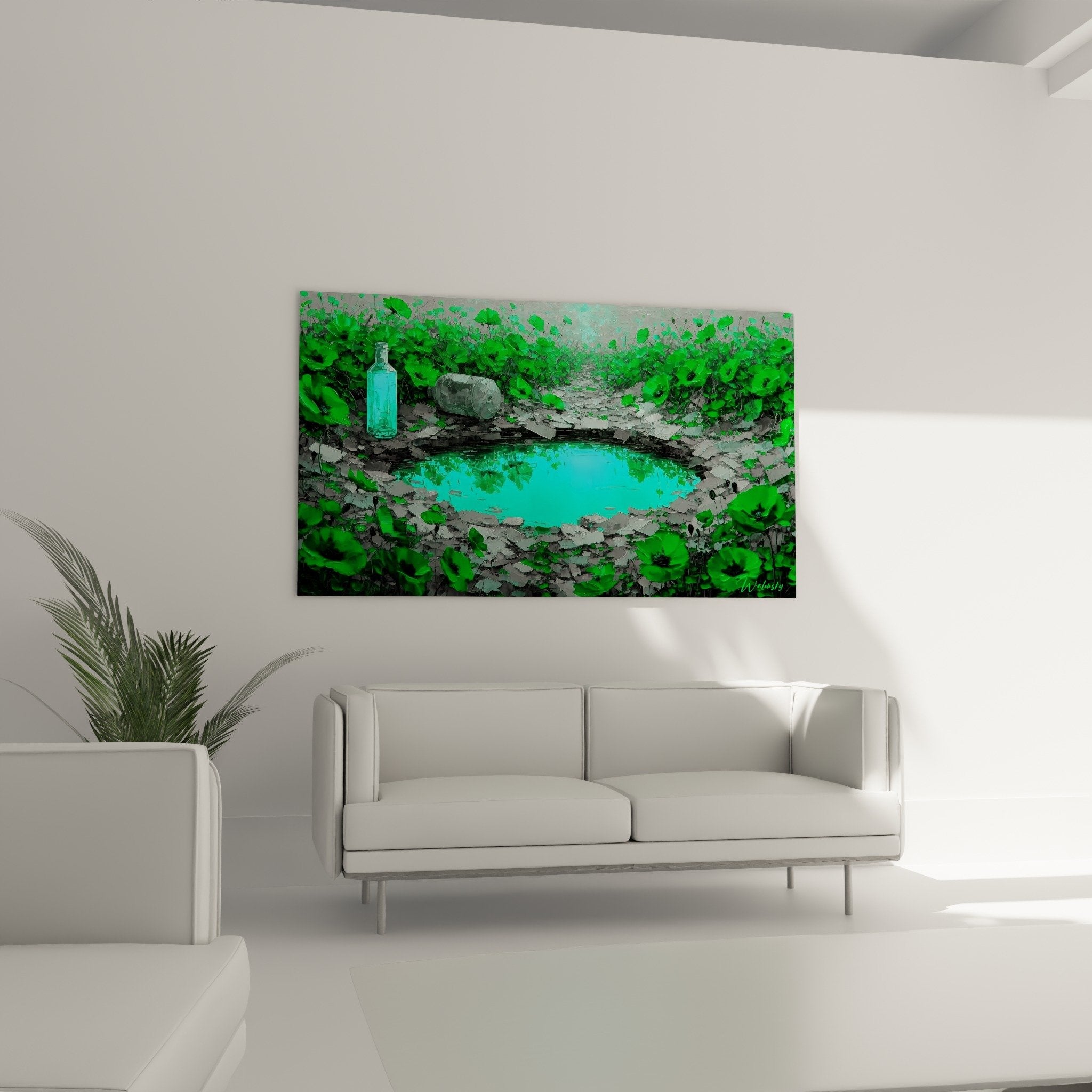 Detail peinture reflets turquoise et feuillage vert tableau nature edition coquelicot
