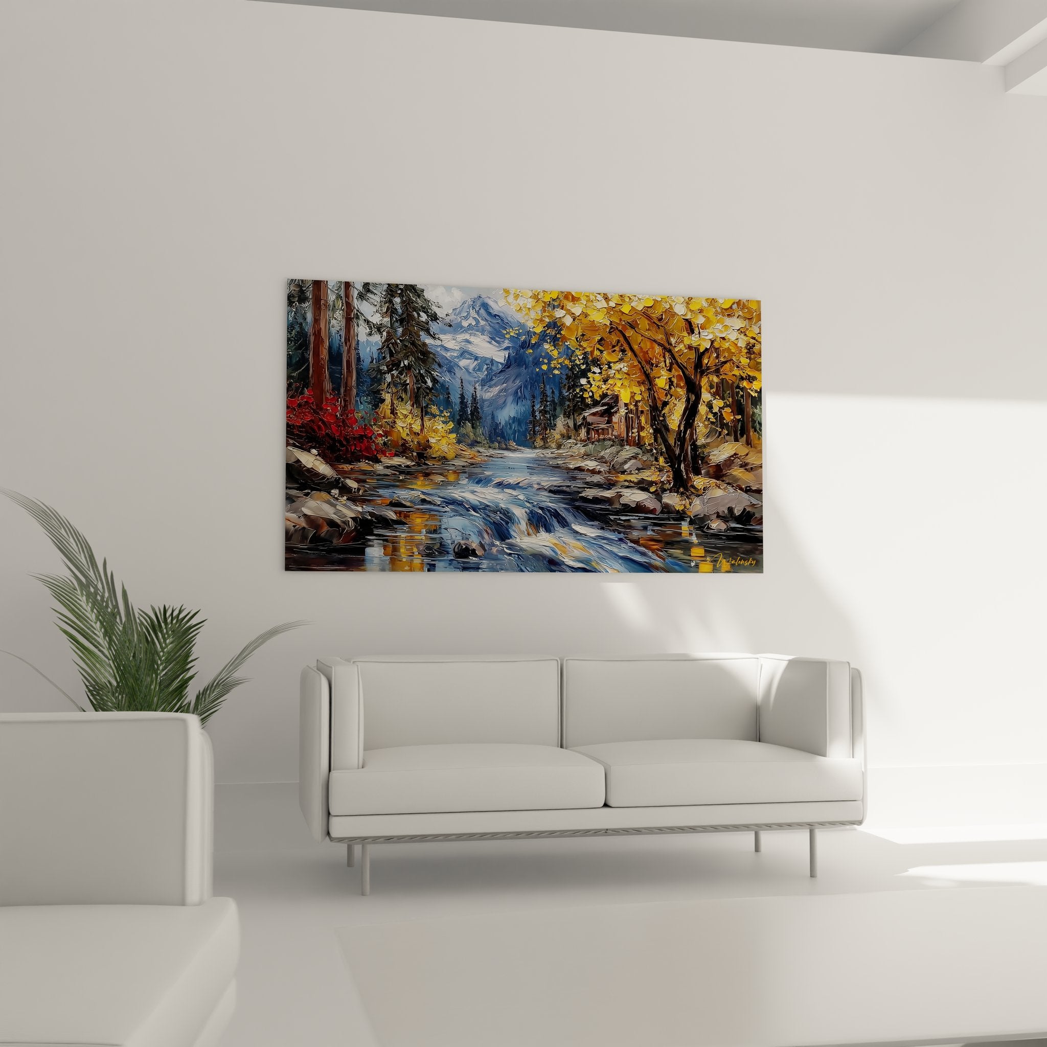 Détail tableau cascade montagne automne, peinture eau vive et feuillages dorés technique impressionniste