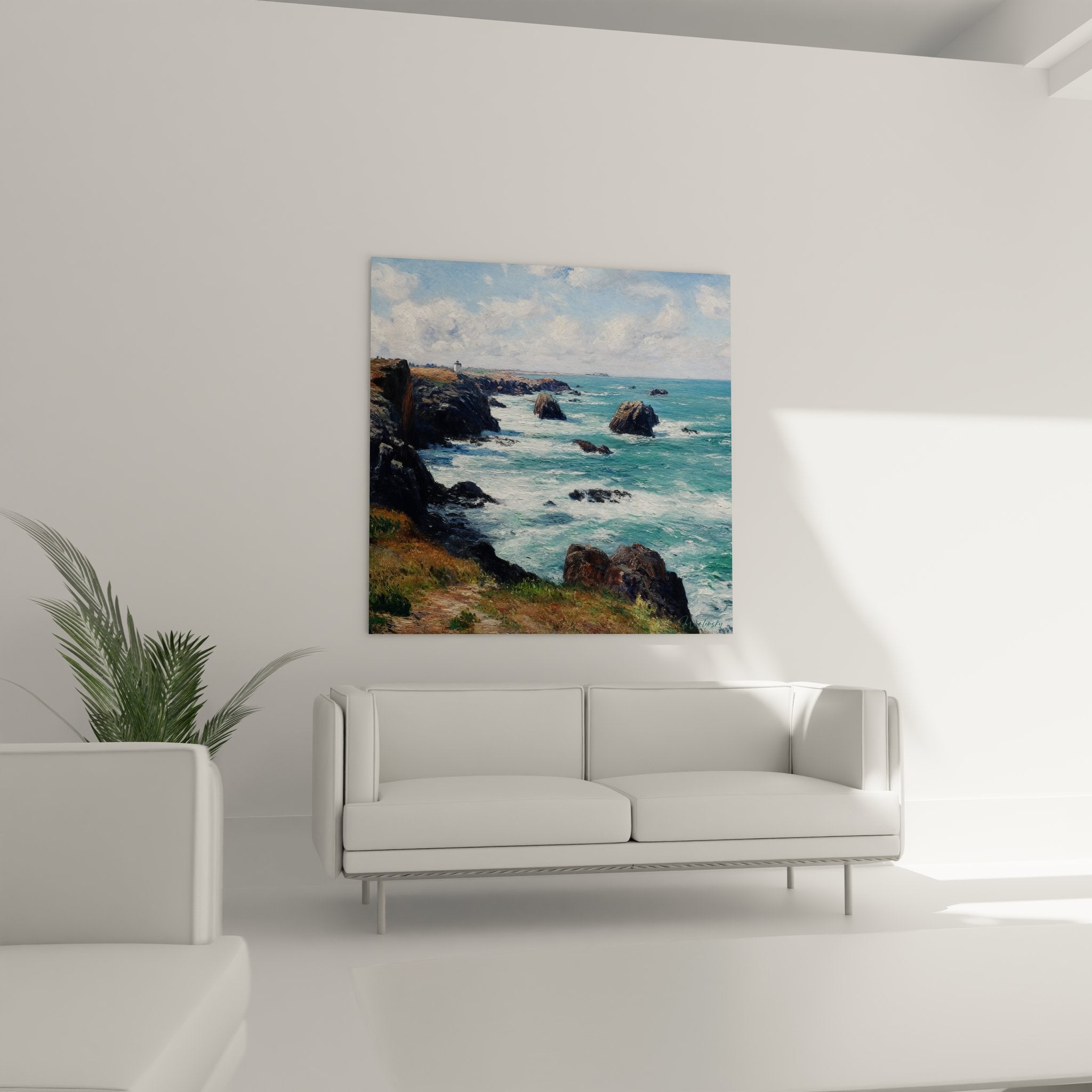 Détail peinture rochers océan technique impressionniste couleurs turquoise et ocre naturelles