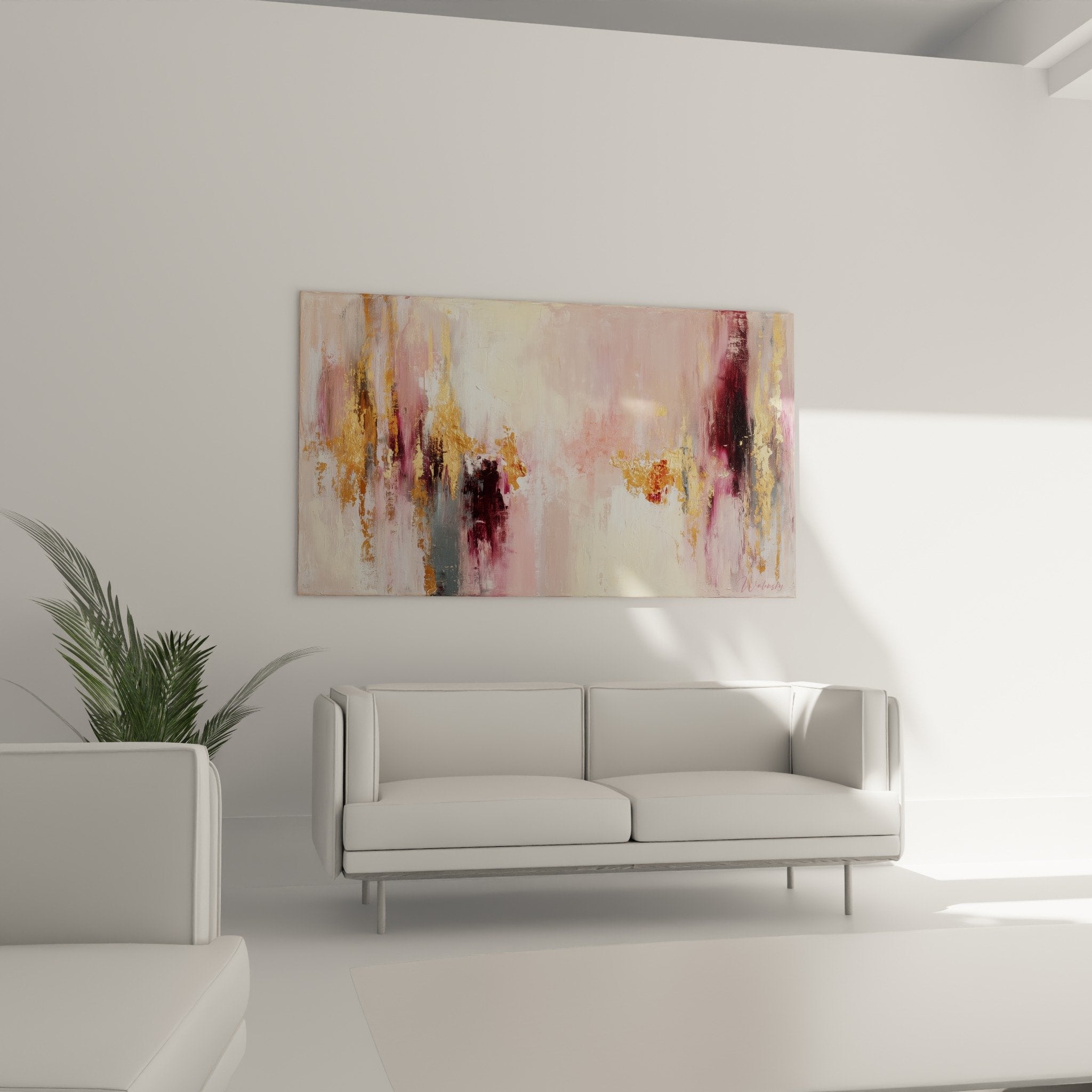 Detail peinture abstraite rose bordeaux texture matiere superpositions dorées
